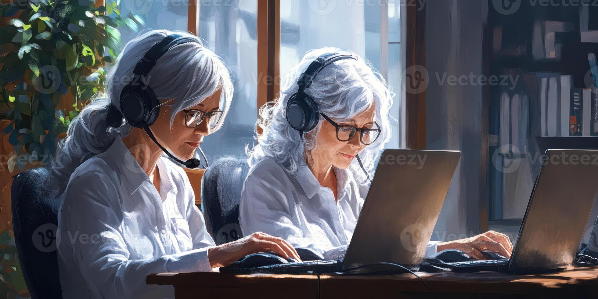 Two women working on laptops wearing headsets in a modern office with natural light during daytime photo