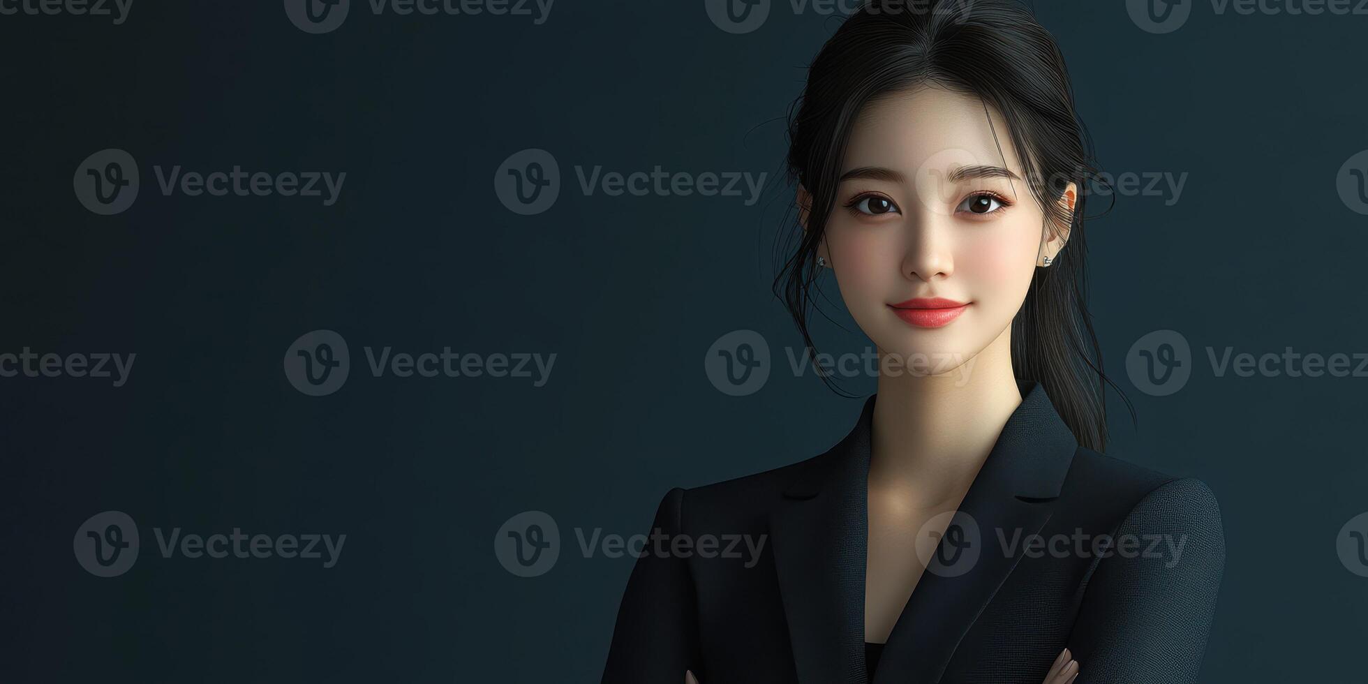 Professional woman in formal attire poses confidently against a dark background in a studio setting during daylight photo