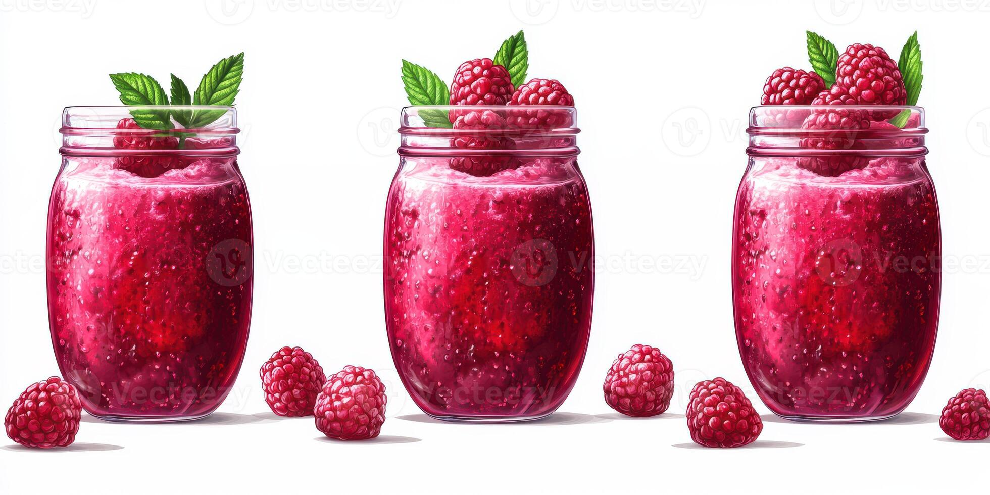 Colorful raspberry smoothie jars placed on a white surface alongside fresh berries showing vibrant textures photo