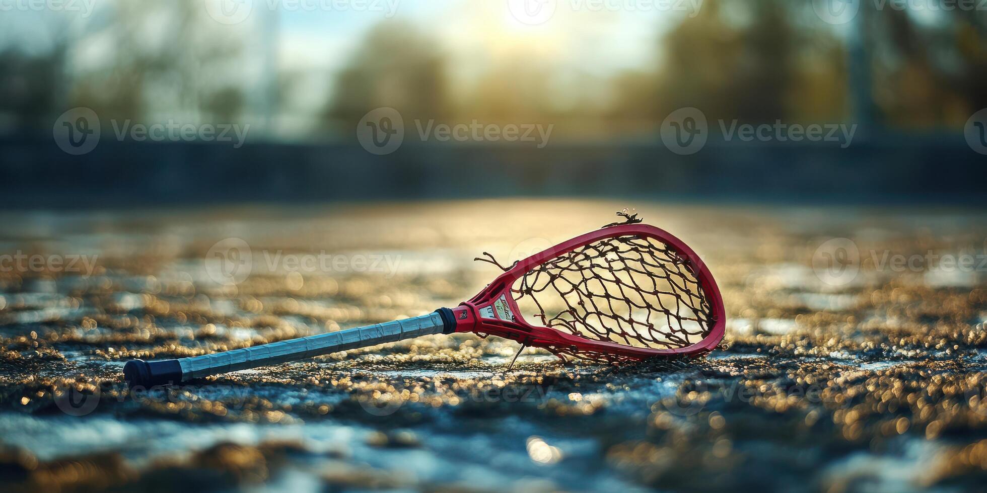 Lacrosse stick resting on the ground during sunset highlighting the nuances of the sport and its surroundings photo