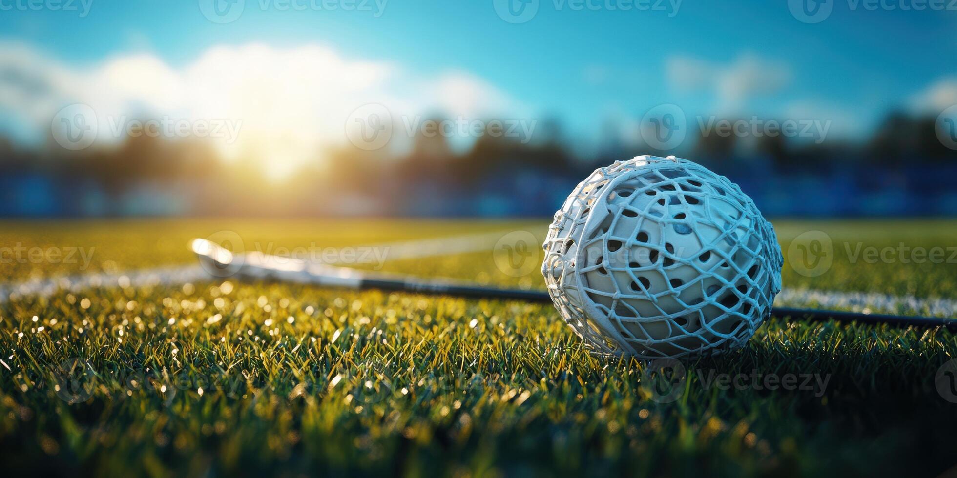 Lacrosse ball resting on the field as the sun begins to set, highlighting the details of the sport and equipment photo