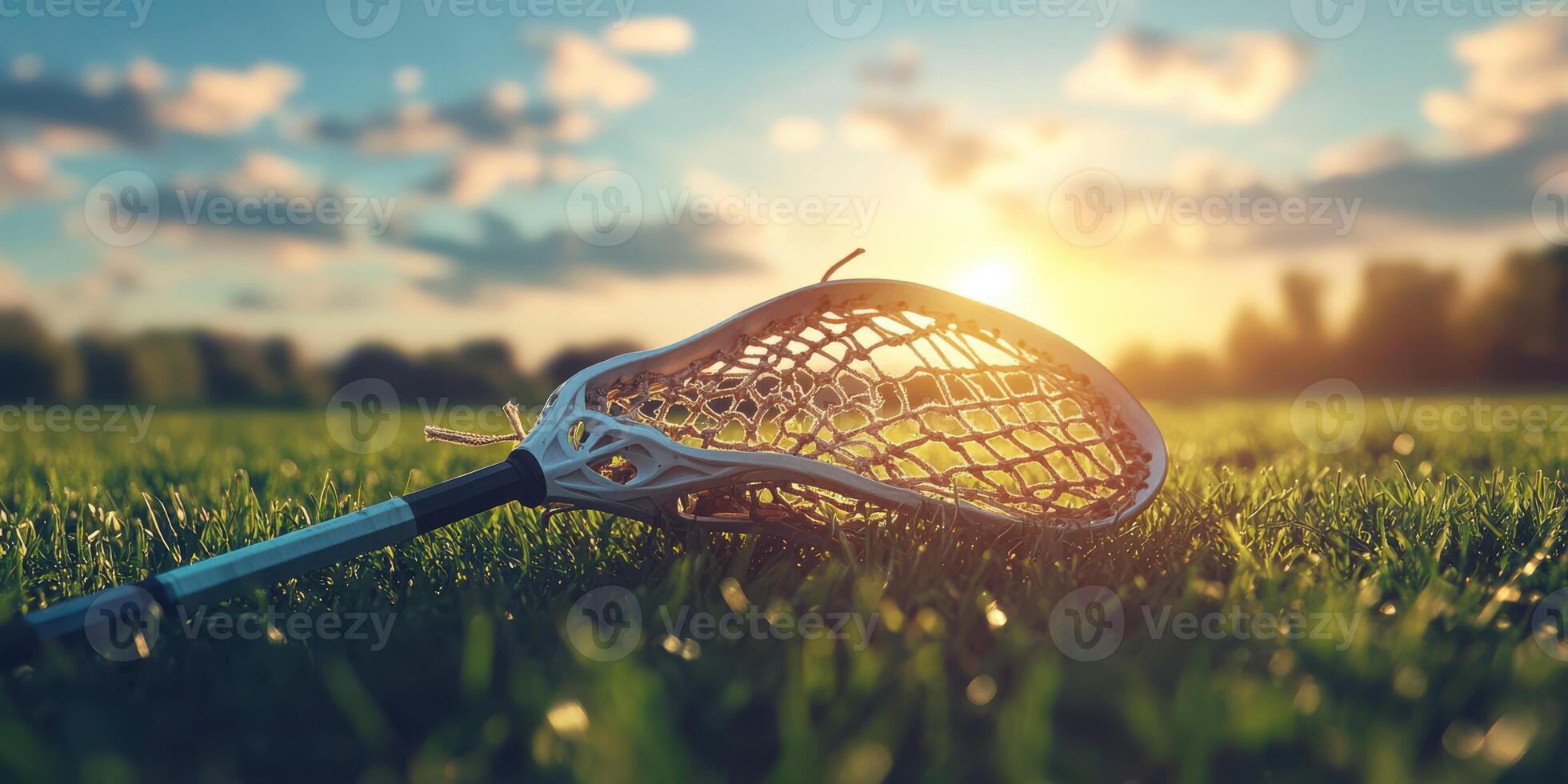 Lacrosse stick resting on grass during sunset in a serene outdoor setting photo