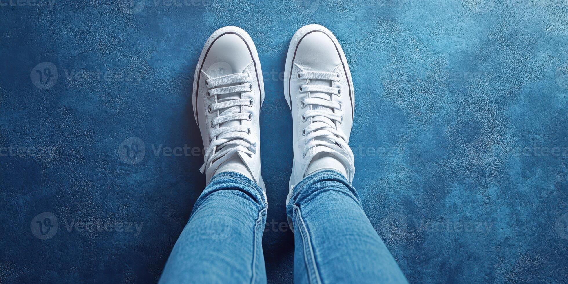 White sneakers on blue background with casual denim jeans in relaxed indoor setting photo