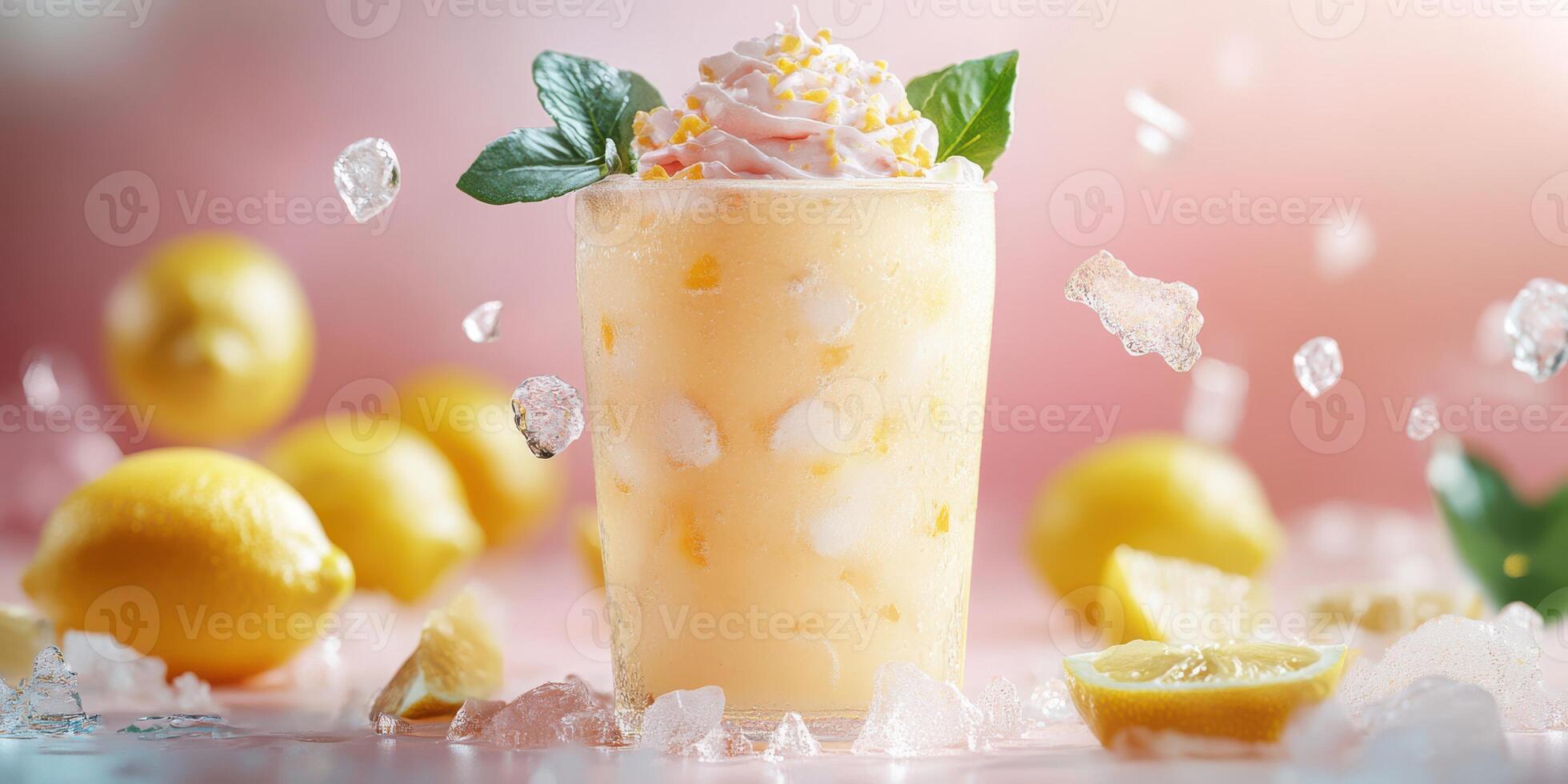 Refreshing lemon smoothie with whipped cream and mint on a bright table surrounded by fresh lemons photo
