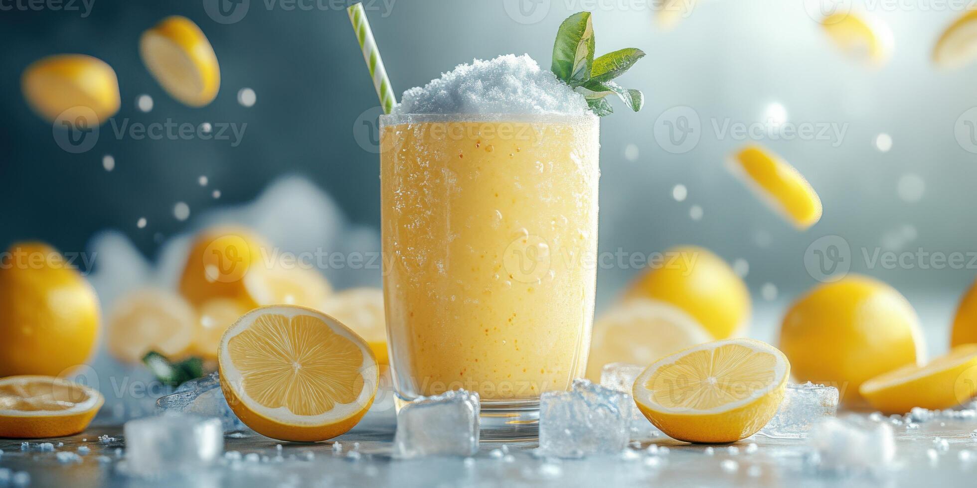 Refreshing lemonade drink with ice and lemon slices on a bright surface during summer photo