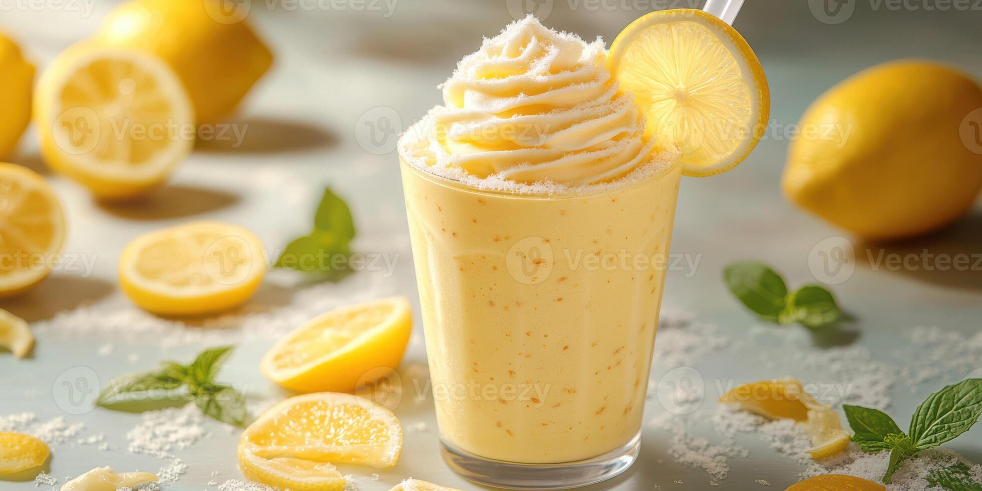 Refreshing lemon shake topped with whipped cream on a bright countertop surrounded by fresh lemons and mint leaves photo