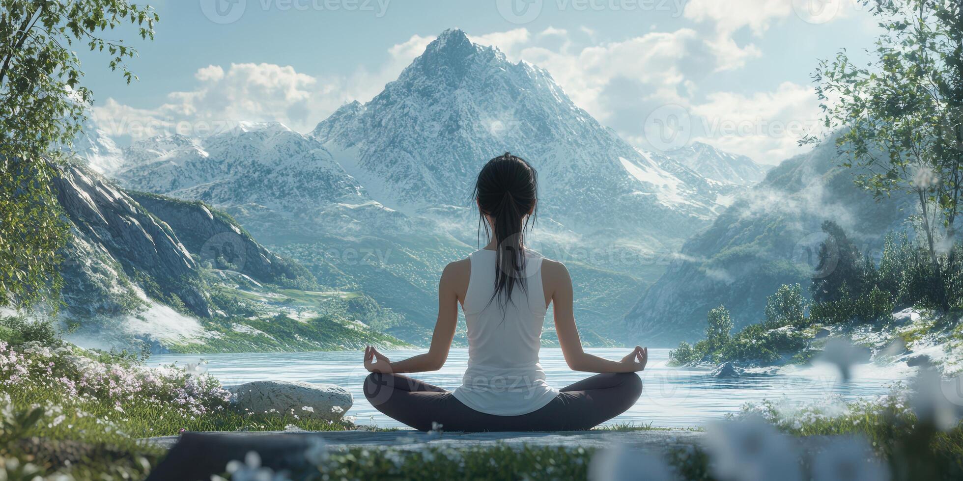 Meditation practice by a serene lake with mountains in the background during daylight photo