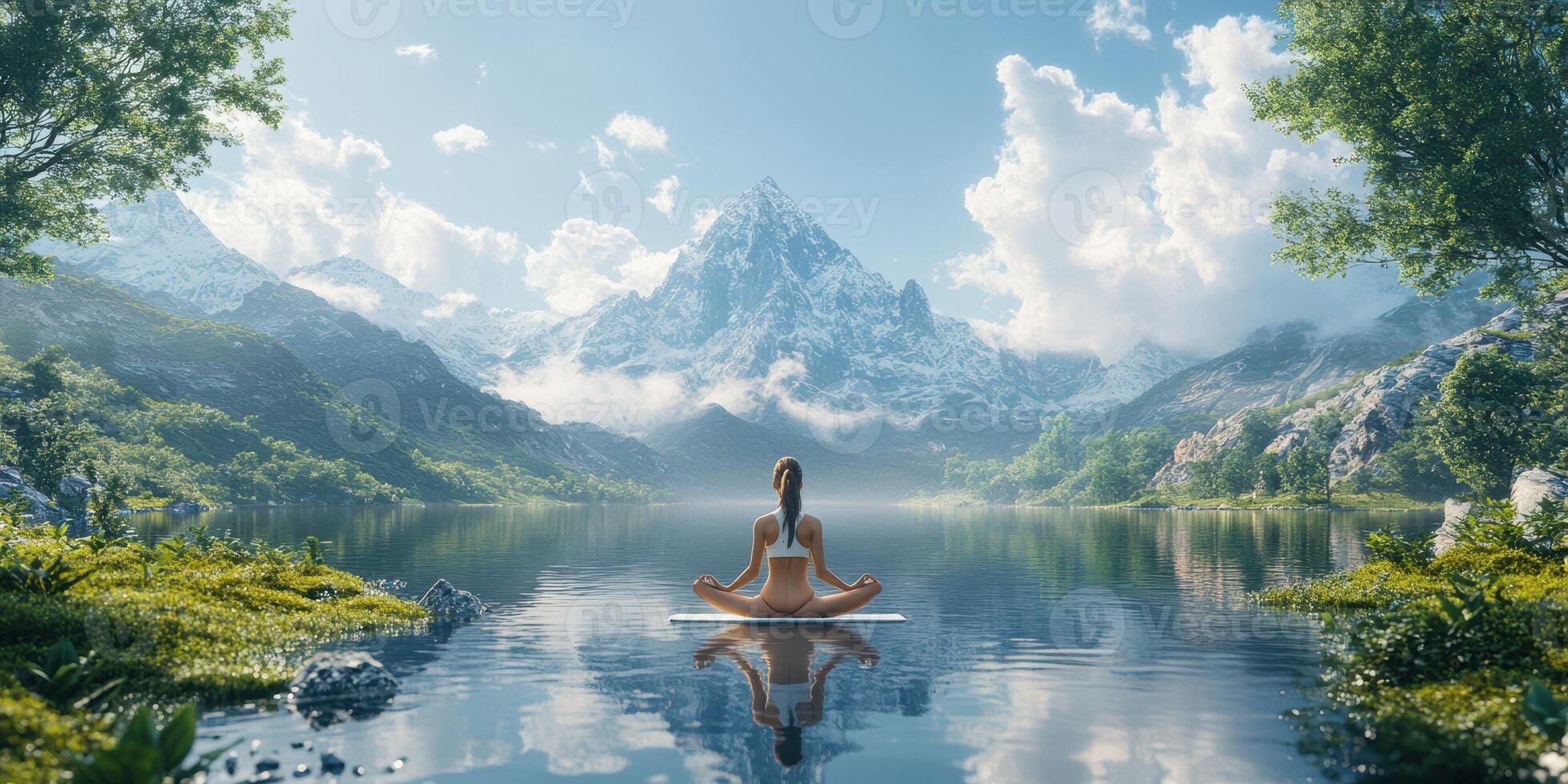 Tranquil meditation by serene lake with majestic mountains in the background during a clear day photo