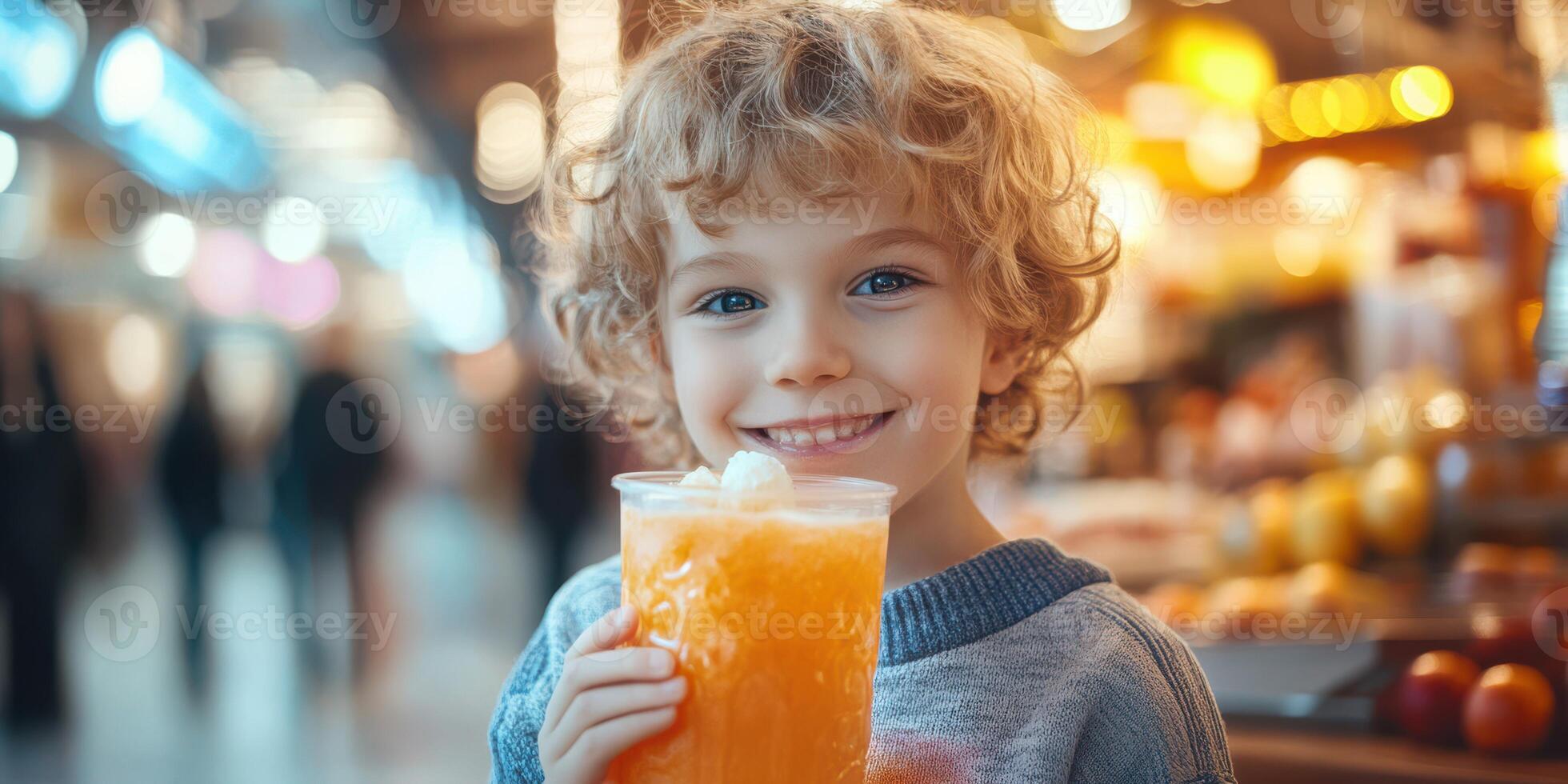 Happy child enjoying a refreshing drink in a vibrant market during a cheerful afternoon photo