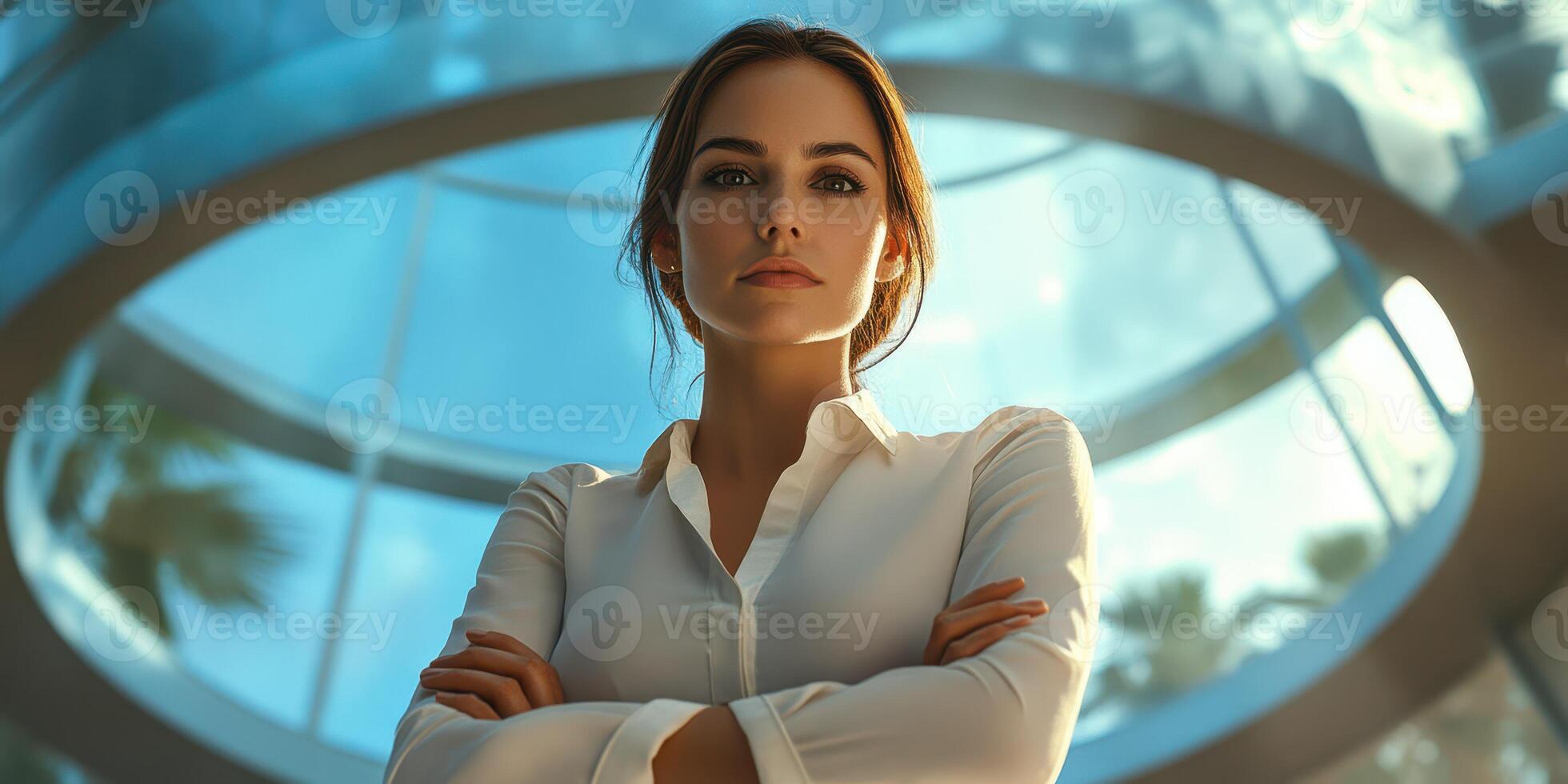 Confident woman standing under a modern glass dome in a sunlit environment with a relaxed yet powerful presence photo