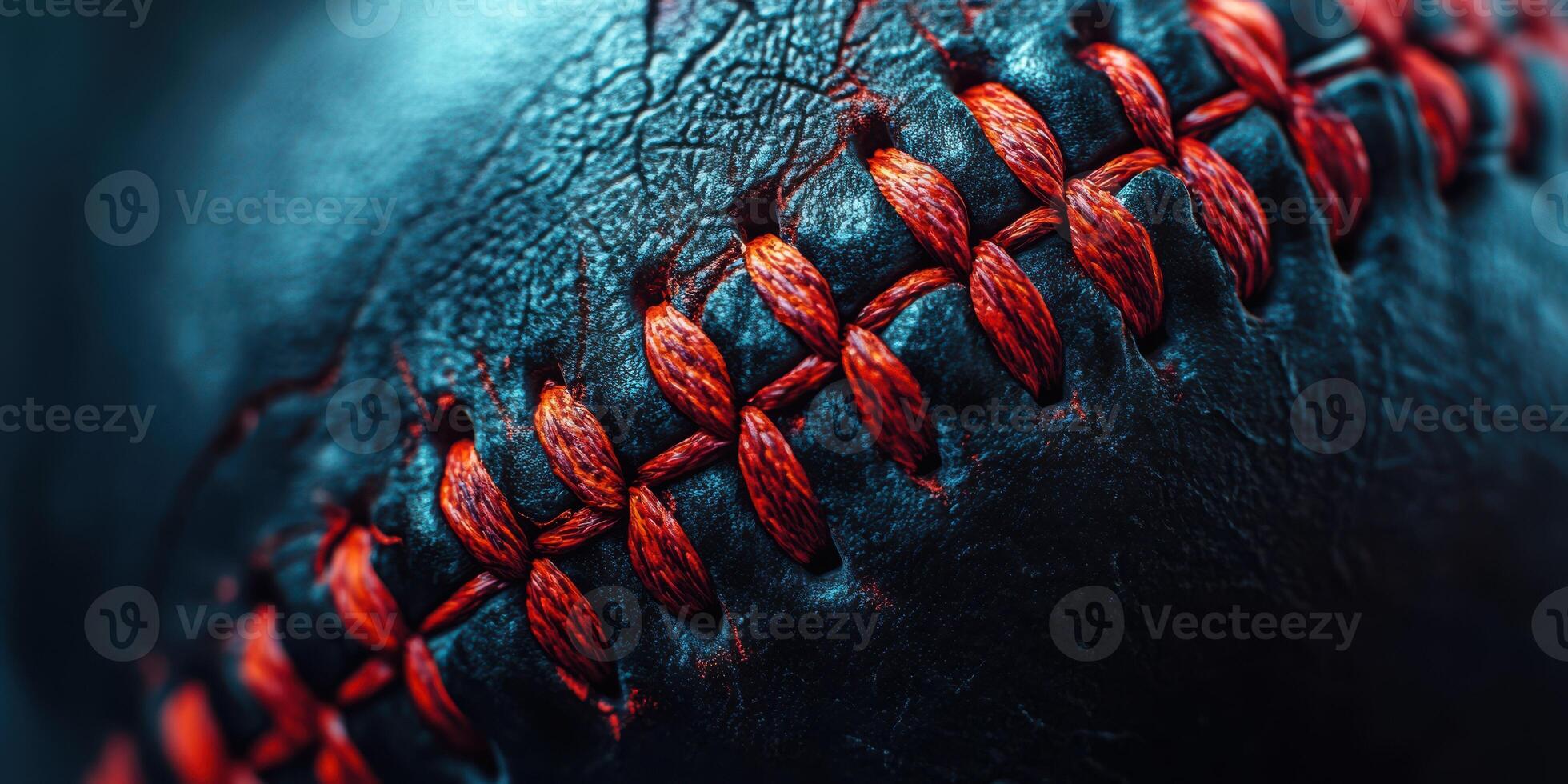 Close-up view of a baseball showcasing intricate stitching and texture in vibrant colors during late afternoon light photo