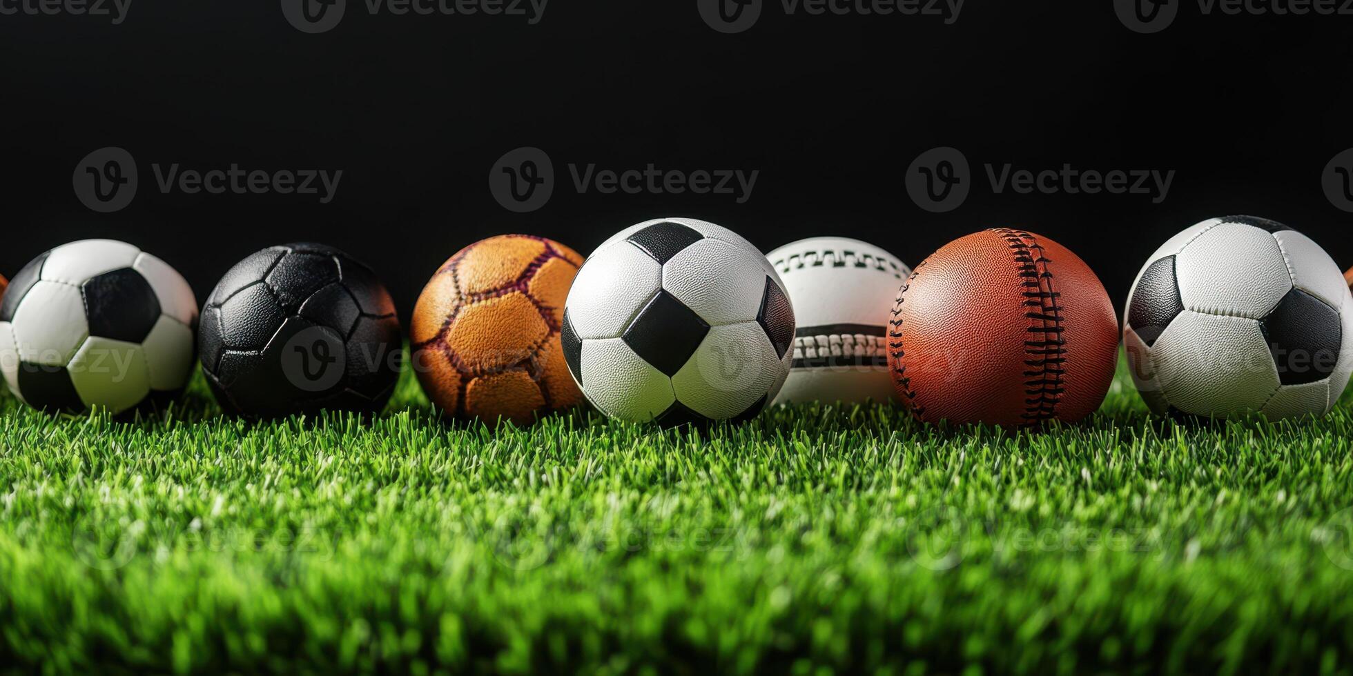 Collection of various sports balls displayed on artificial grass in a studio setting during daylight photo
