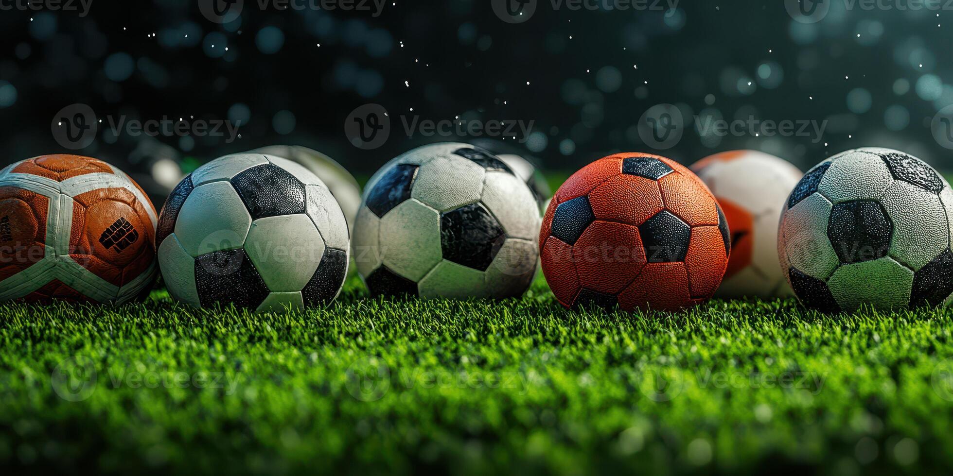 Colorful selection of soccer balls lined up on a field during a rainy evening under soft lighting conditions photo