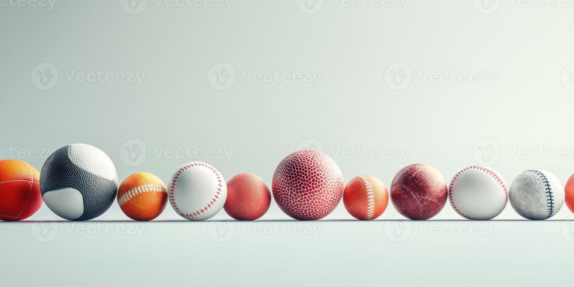 Collection of various sports balls arranged in a line on a minimalist background with soft lighting photo