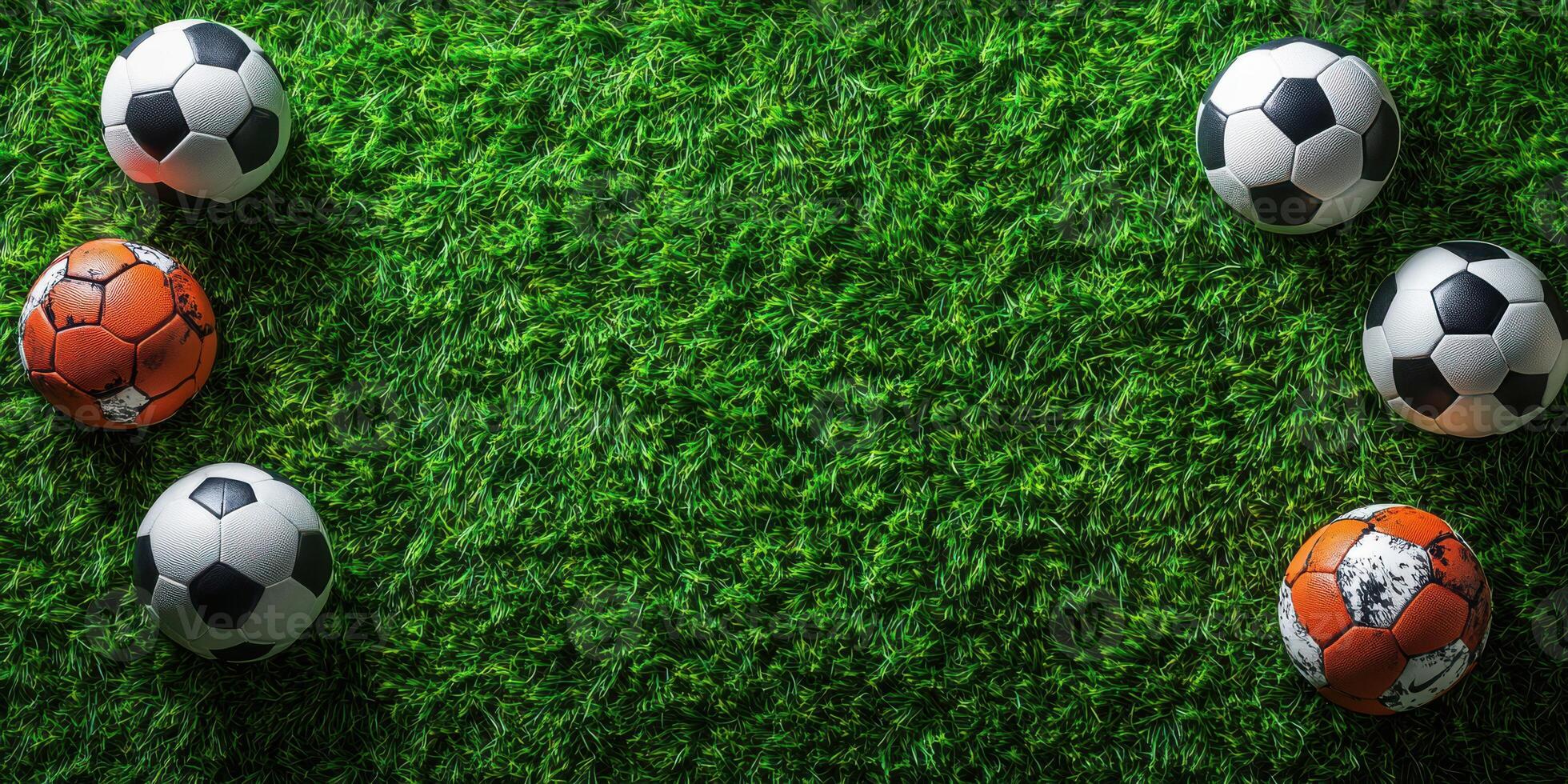 Soccer balls arranged on vibrant green grass before an upcoming match or practice session in bright daylight photo