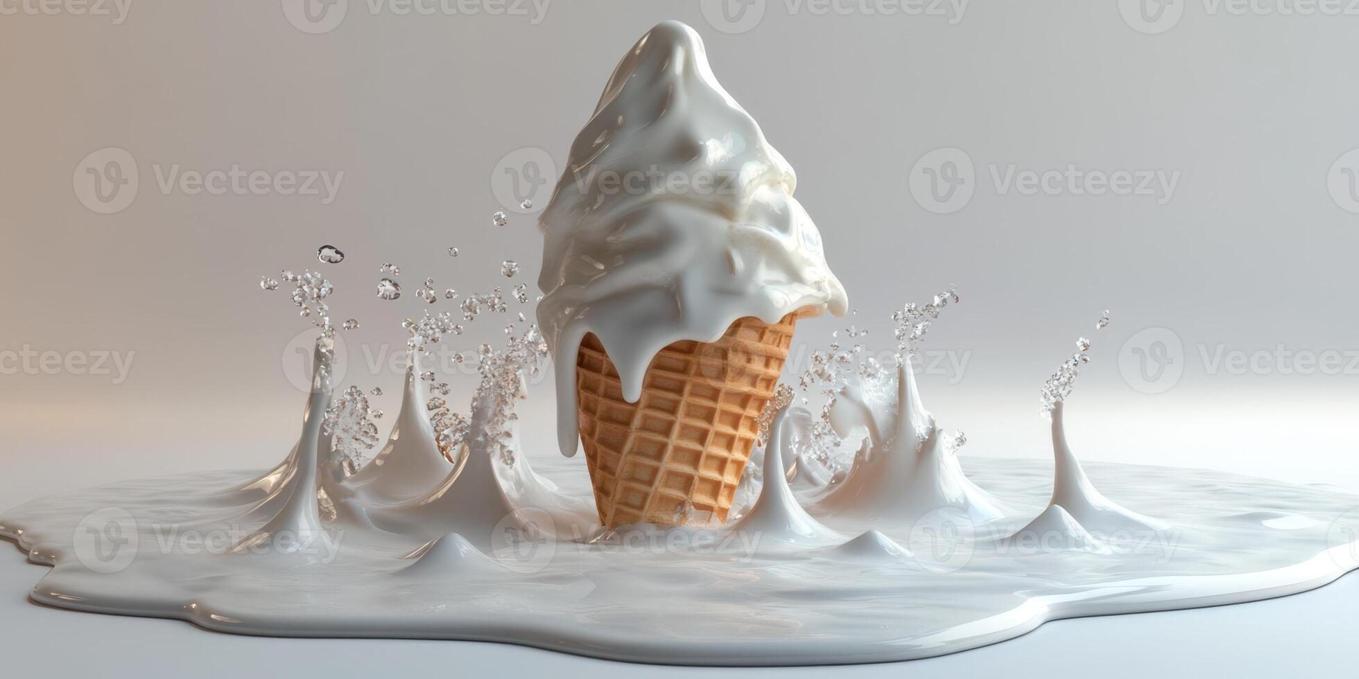 Creamy ice cream cone splashes into milk with dynamic water droplets across a white backdrop photo