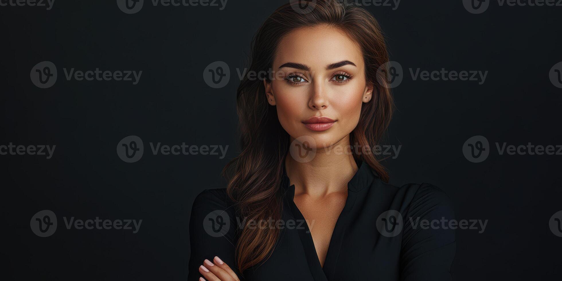 Confident woman poses against dark background showcasing poise and grace in a studio setting during evening hours photo