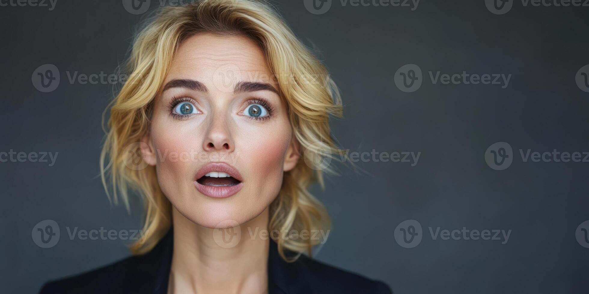Surprised woman with blonde hair expressing astonishment in a neutral backdrop during a candid moment photo
