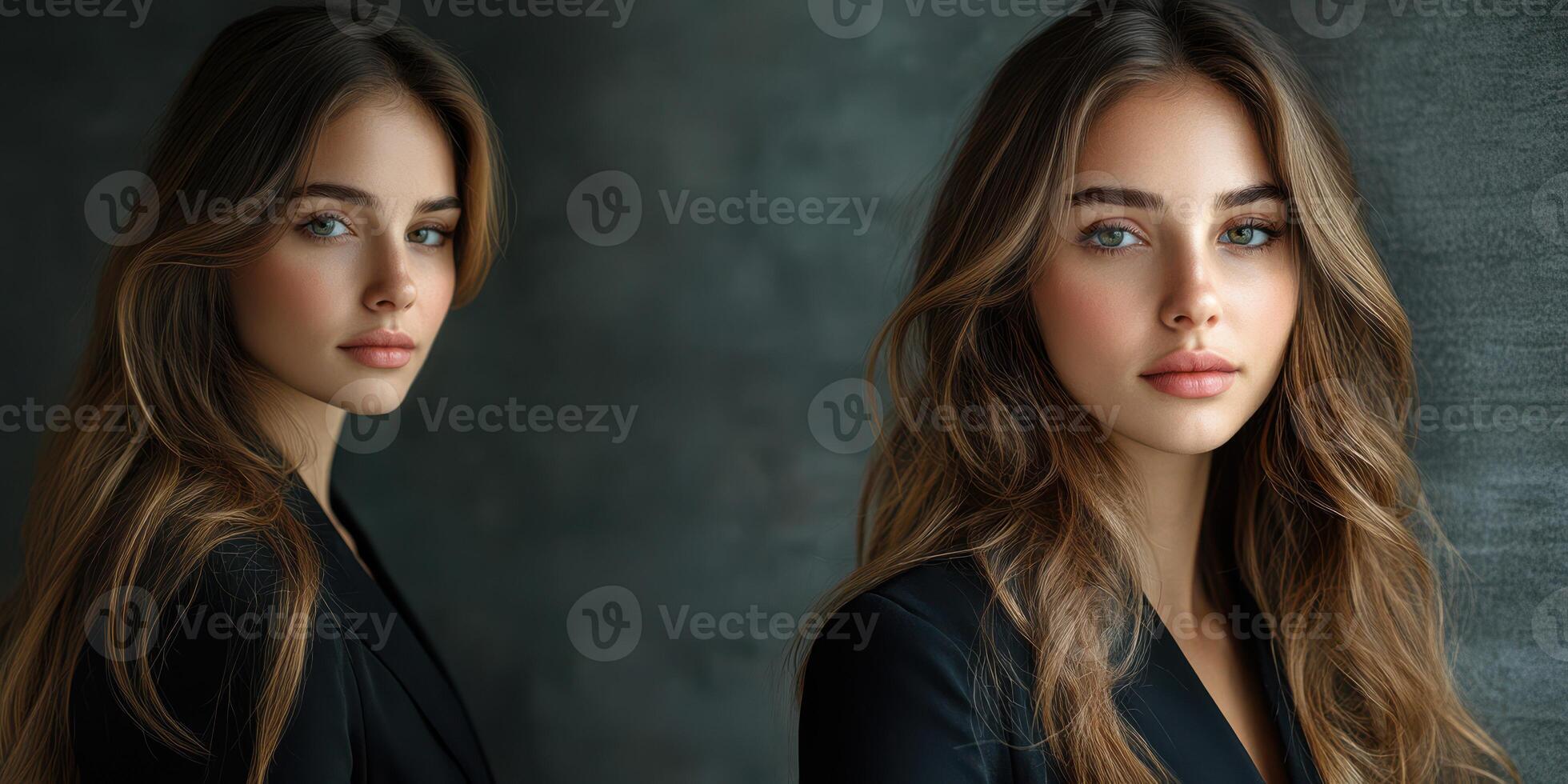 Portrait of a woman with long hair posing in a dark setting, showcasing beauty and elegant expression during a studio photoshoot photo