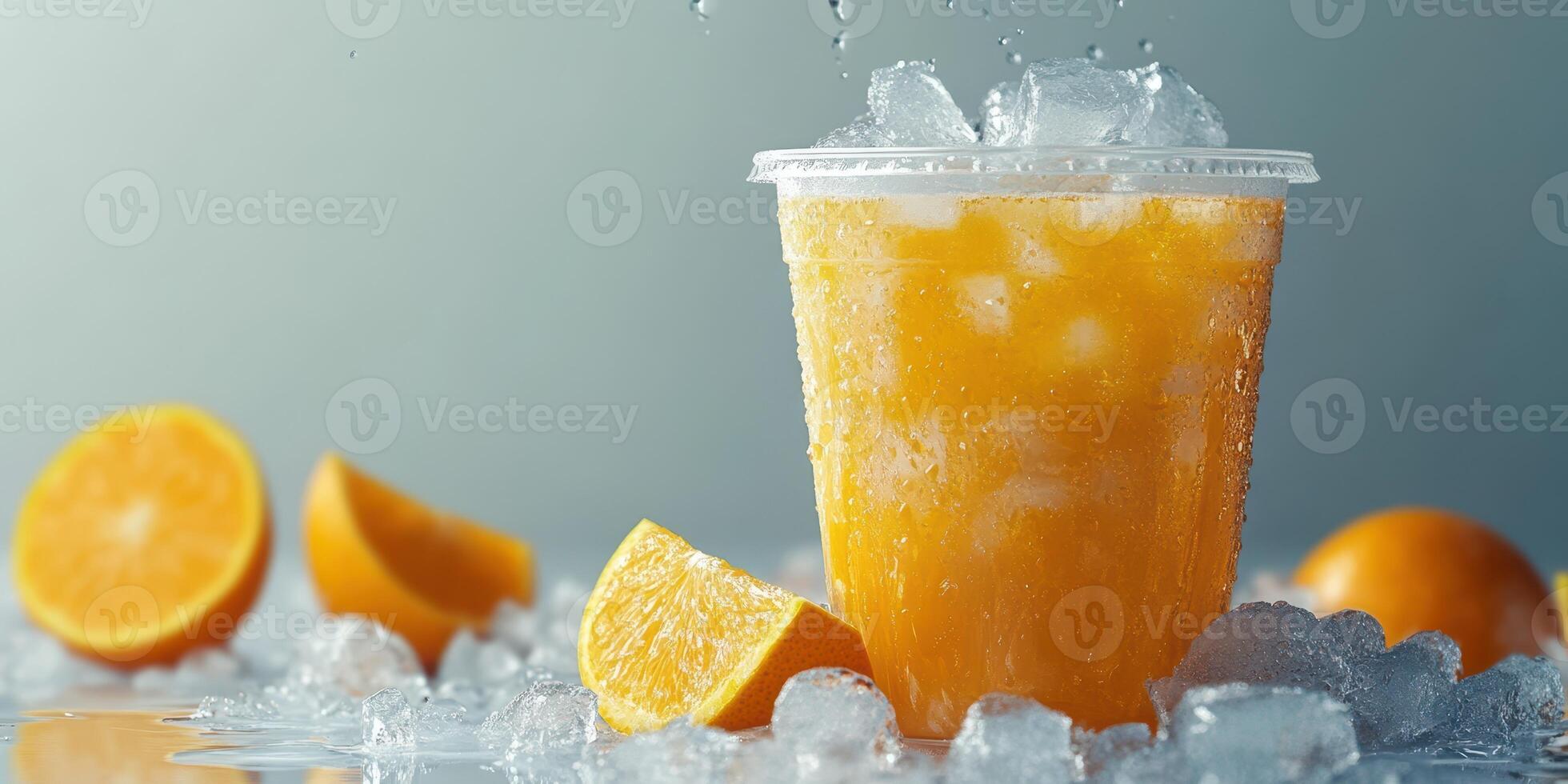 Refreshing orange drink served in a clear cup surrounded by ice and fresh orange slices on a calm day photo