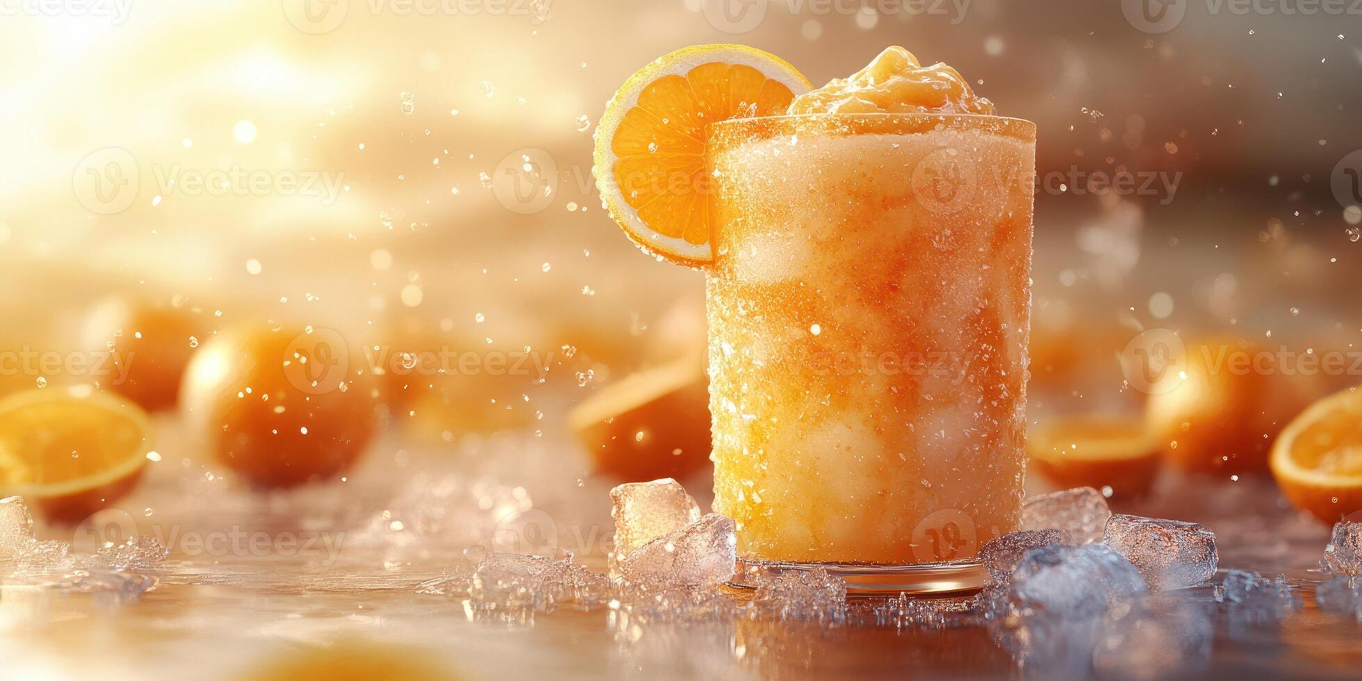 Refreshing orange slush drink served on a sunny day with crushed ice and orange slices in a relaxed setting photo