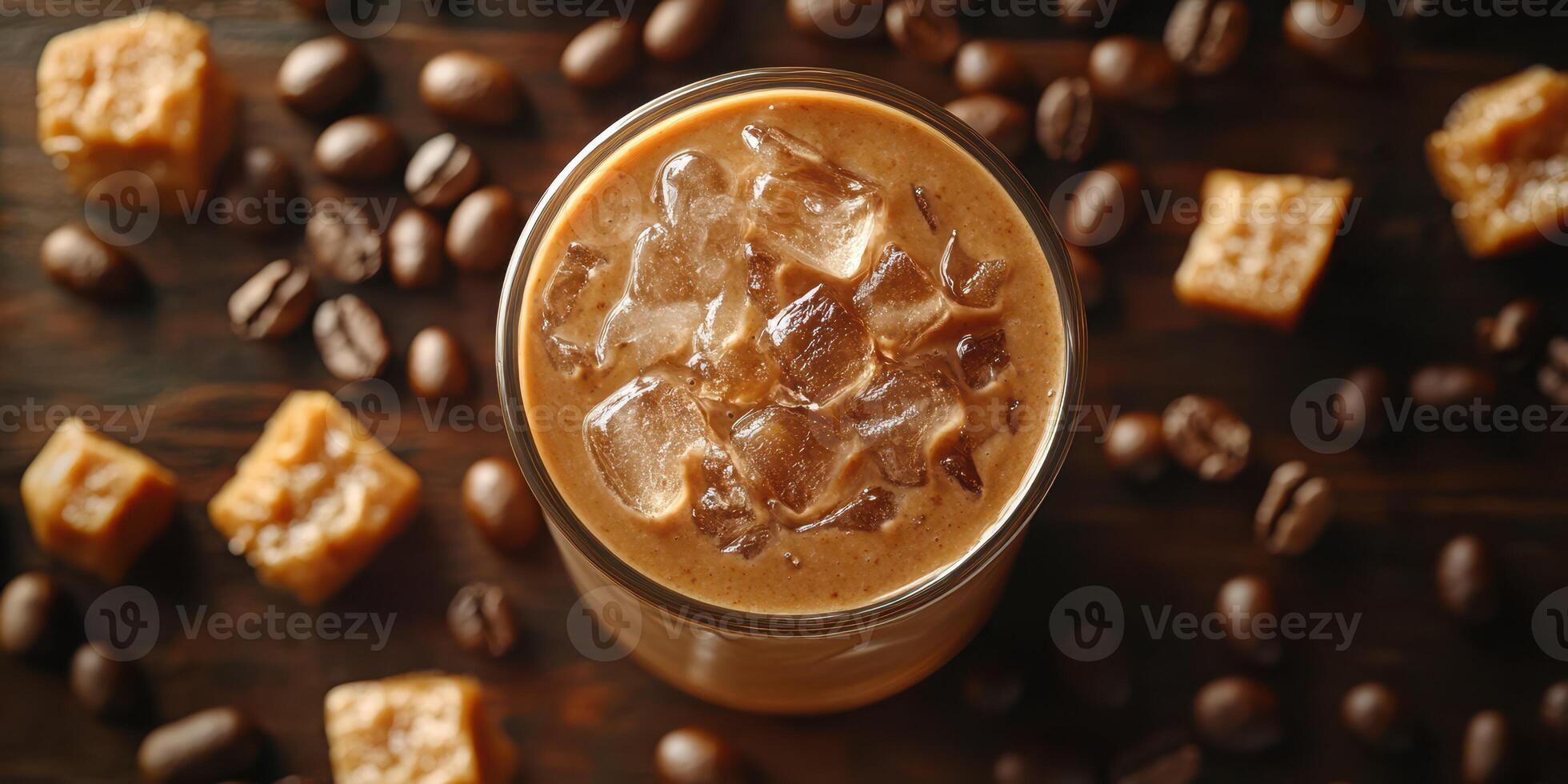 Refreshing iced coffee with caramel bites and coffee beans on a wooden surface photo