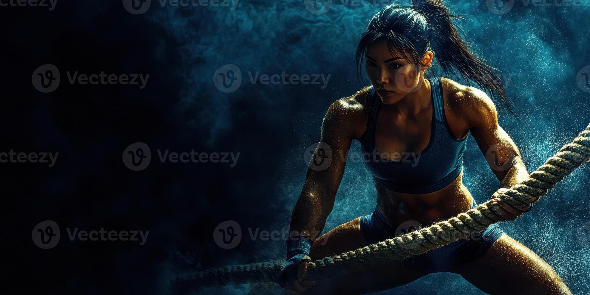 Strong woman training intensely with ropes in a dark, dynamic gym environment, showcasing power and determination photo