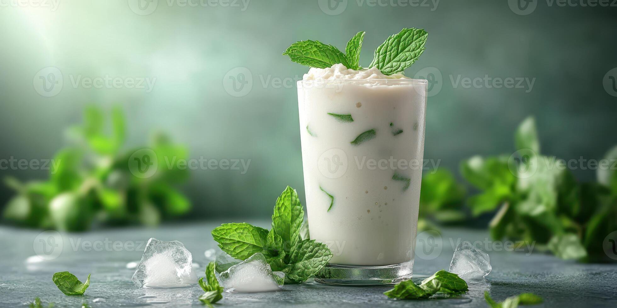 Refreshing mint yogurt drink served with ice and garnished with fresh mint leaves on a green background photo