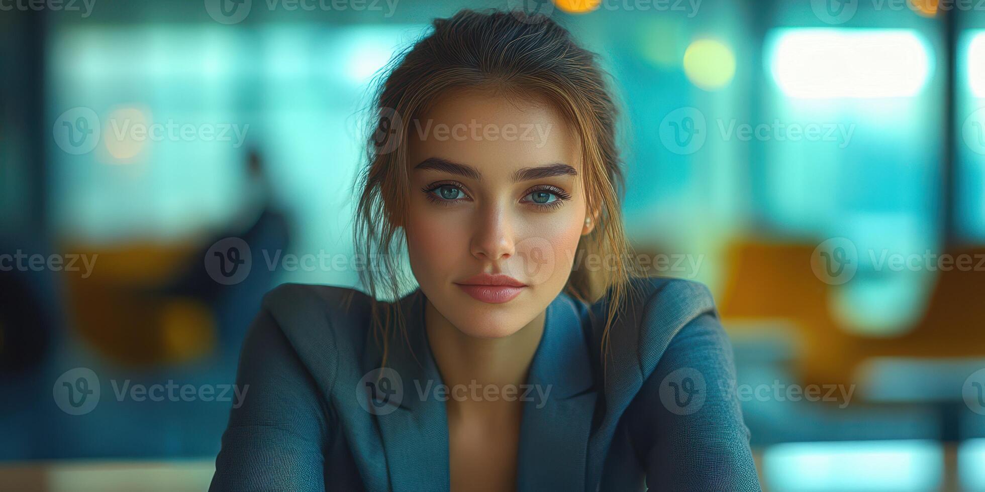 Confident young woman in a modern office setting during the day, exuding professionalism and poise photo