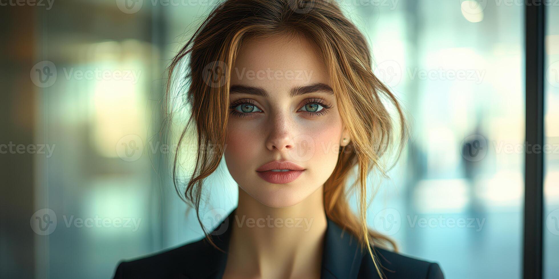 Portrait of a woman with striking blue eyes in a modern interior setting during daylight hours photo
