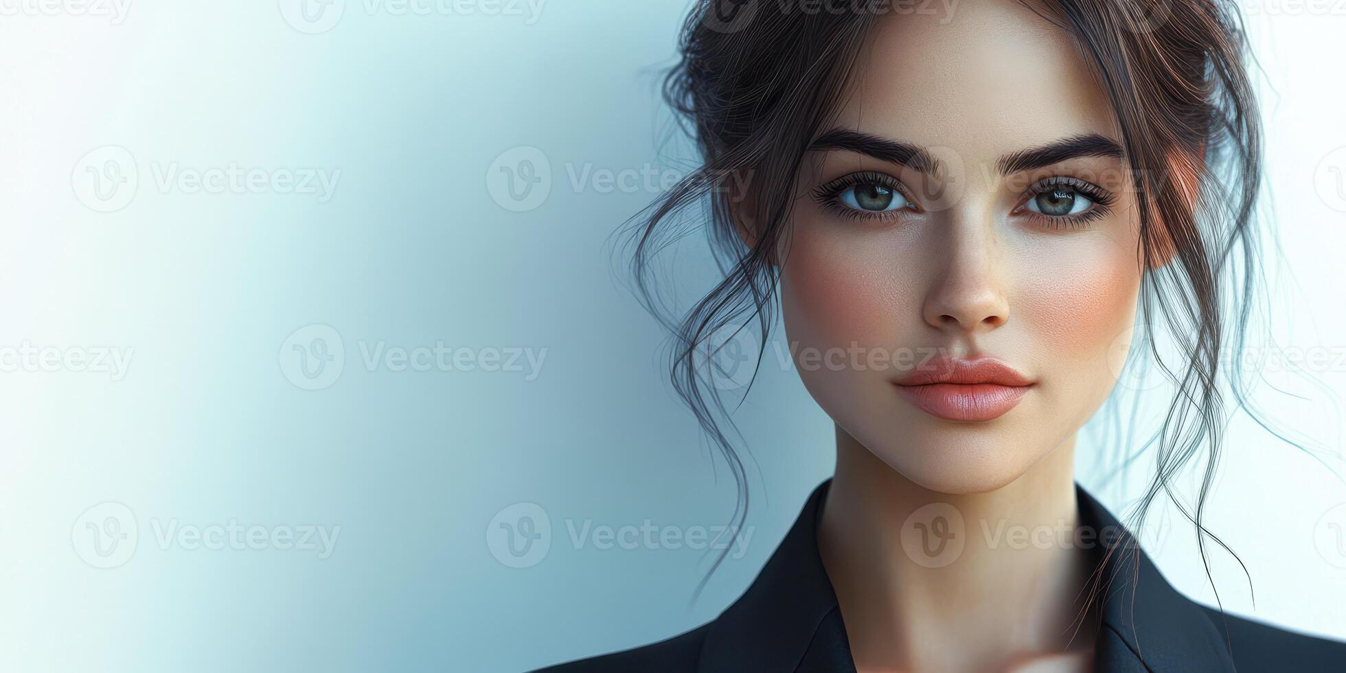 Portrait of a young woman with an elegant hairstyle and subtle makeup in a minimalistic setting showcasing natural beauty photo