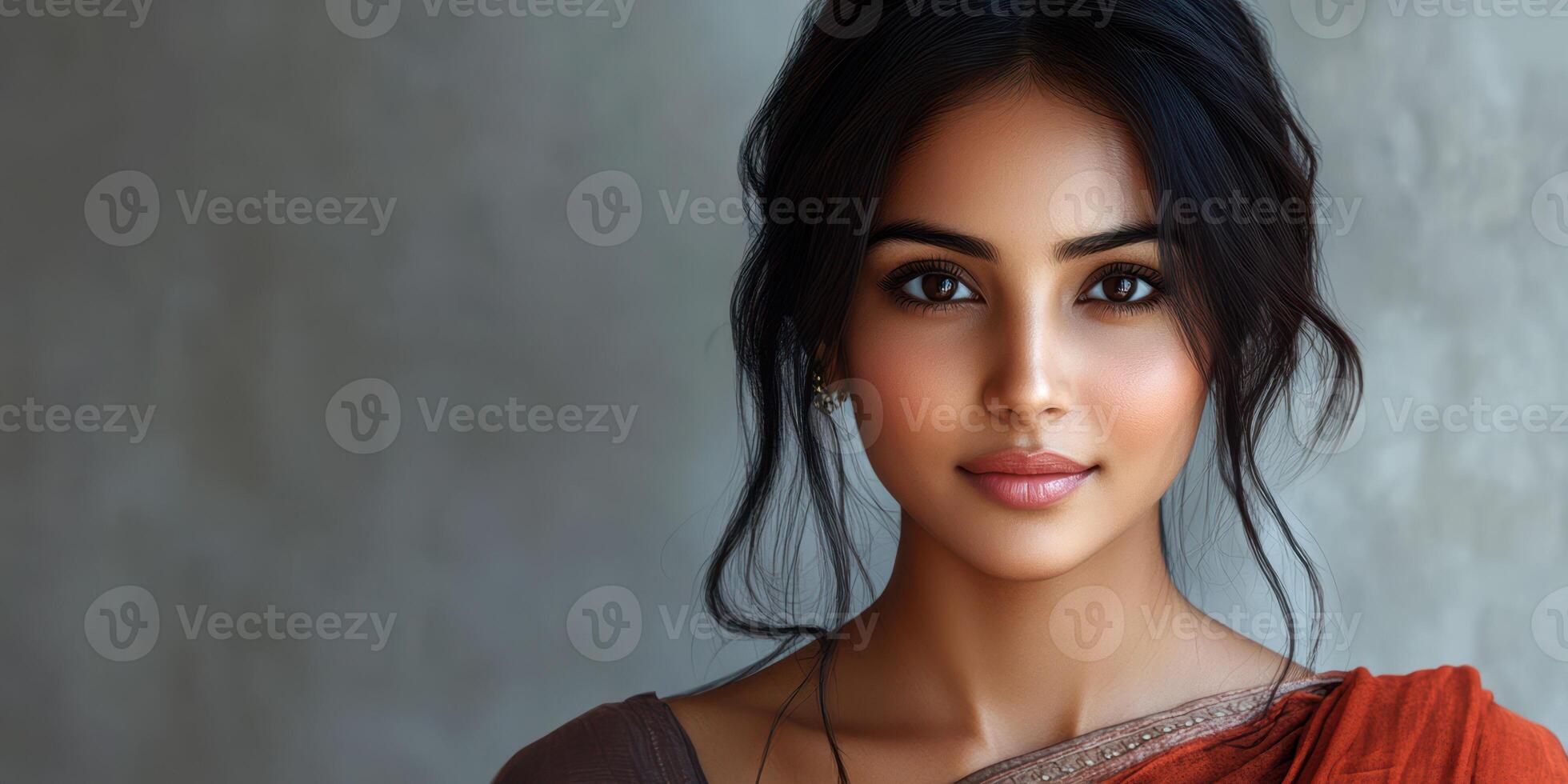 Elegant portrait of a woman in traditional attire with natural makeup, exuding confidence and beauty in a soft lighting setting photo