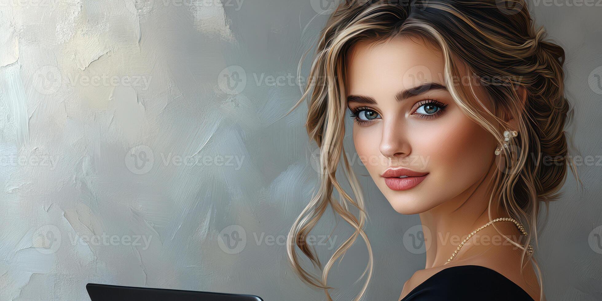 Young woman with elegant hairstyle poses for a portrait while holding a tablet in a contemporary setting photo