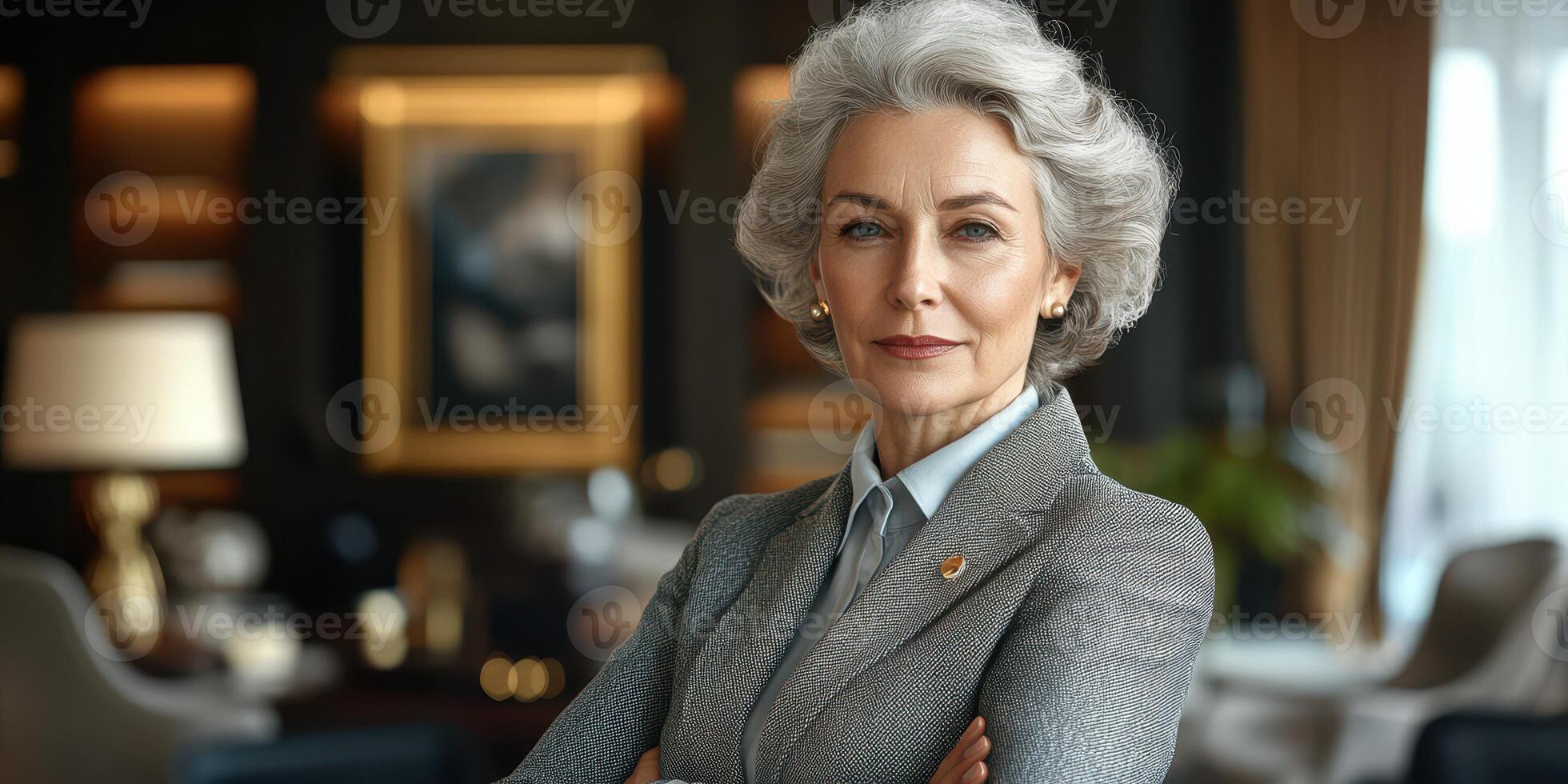 Professional woman stands confidently in an elegant office setting with a polished and sophisticated demeanor photo