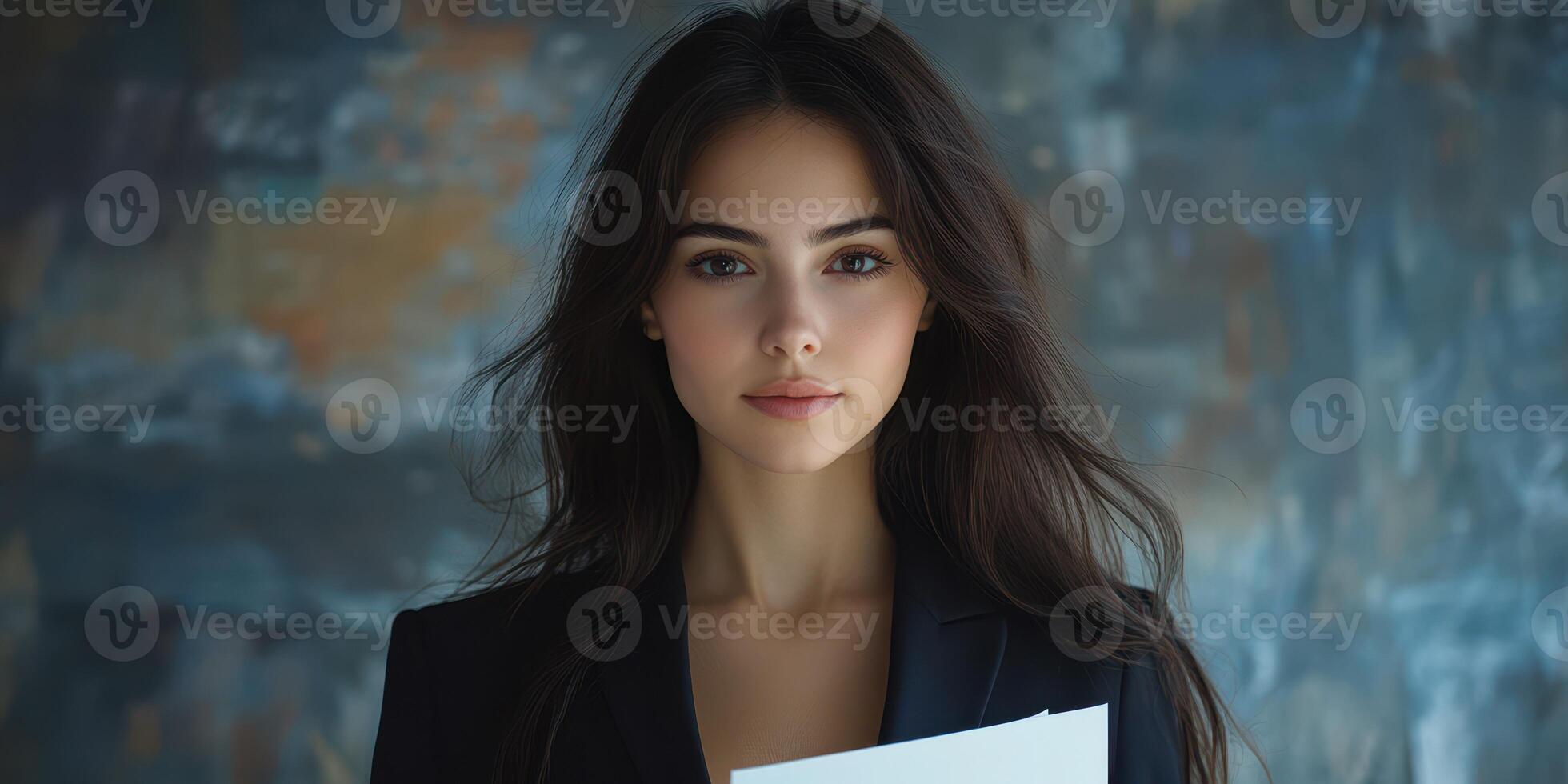 Young woman holding documents stands confidently in front of a textured background in a creative workspace during daylight photo