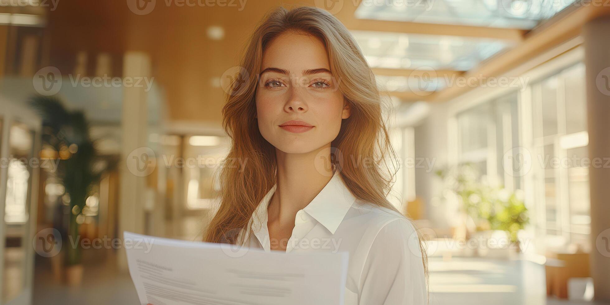 Young woman holding documents in a bright office space during the daytime photo