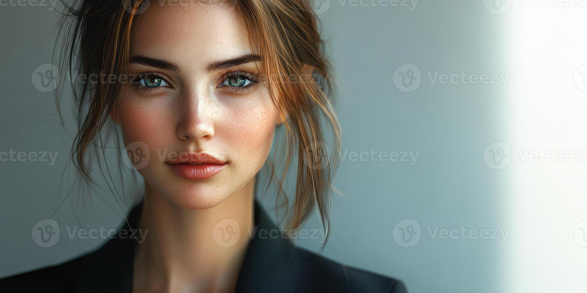 Portrait of a woman with natural beauty, showcasing soft features and a polished look in an indoor setting during daylight photo