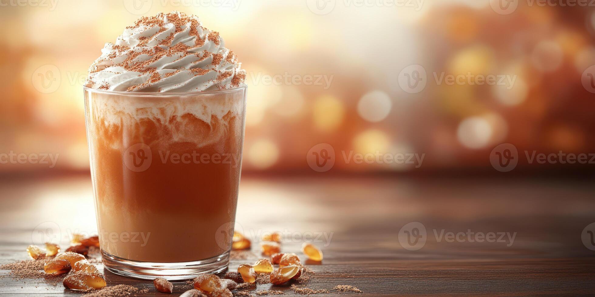 Delicious coffee drink topped with whipped cream and cinnamon in a cozy cafe setting during autumn photo