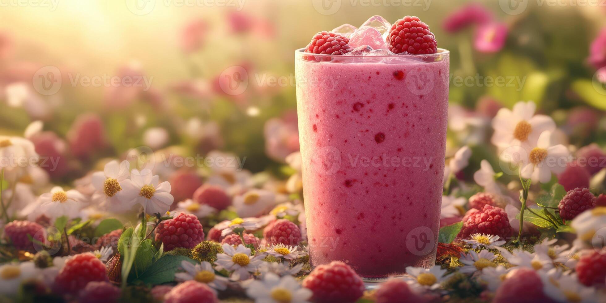 Refreshing raspberry smoothie served in a glass surrounded by vibrant flowers in a sunny garden setting photo