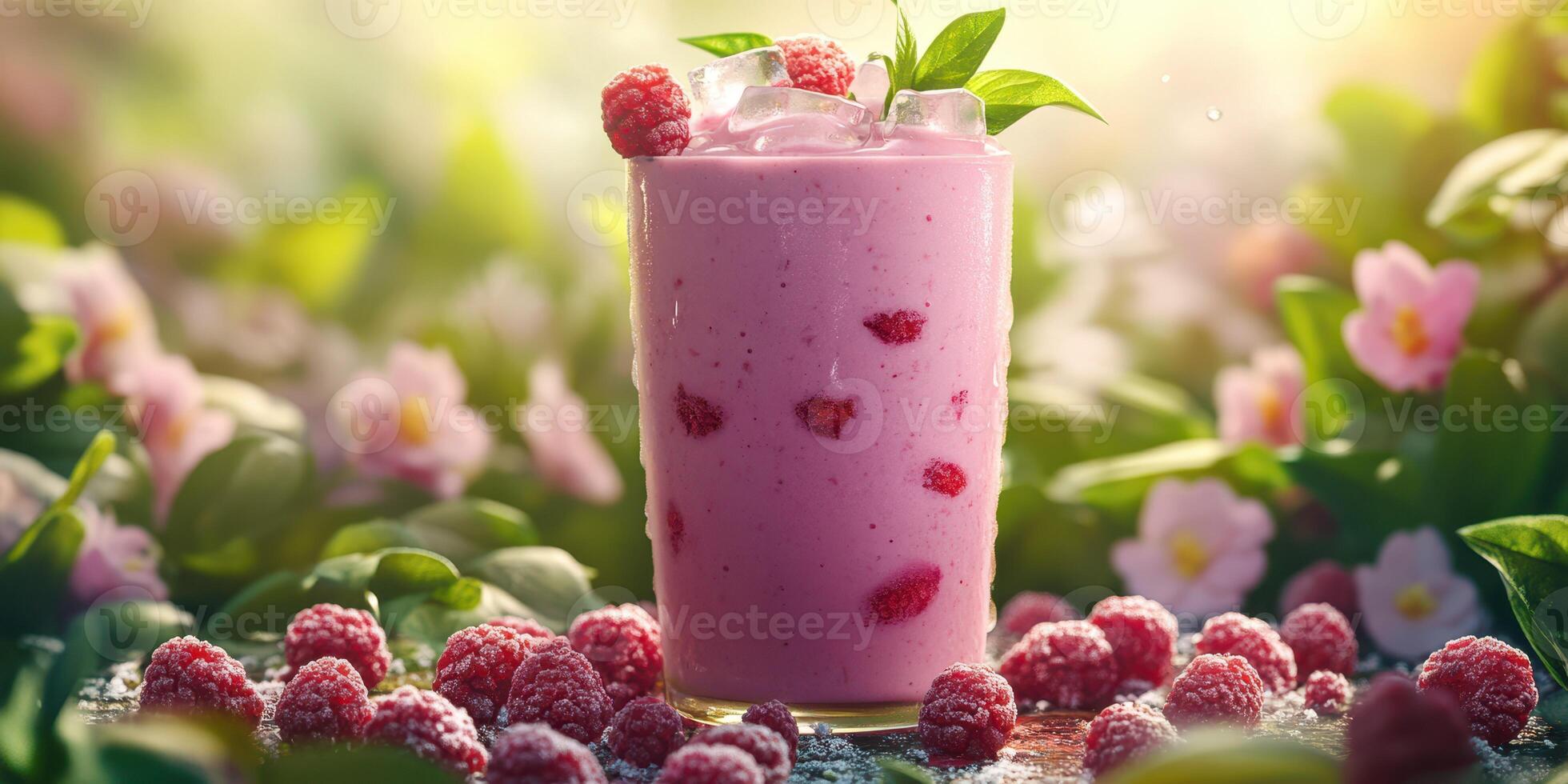 Refreshing raspberry smoothie surrounded by fresh fruit in a vibrant garden during golden hour photo