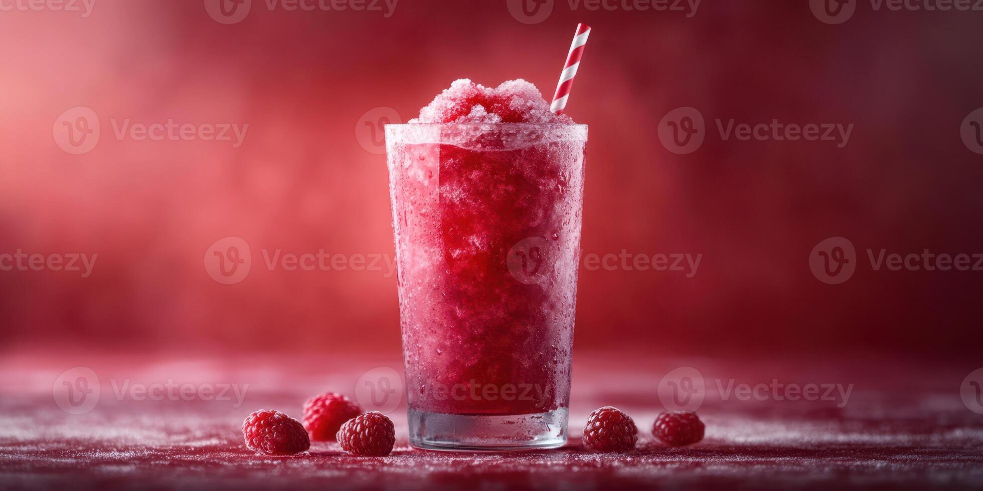 Refreshing raspberry slush served in a clear glass with a striped straw on a textured surface in a vibrant red setting photo