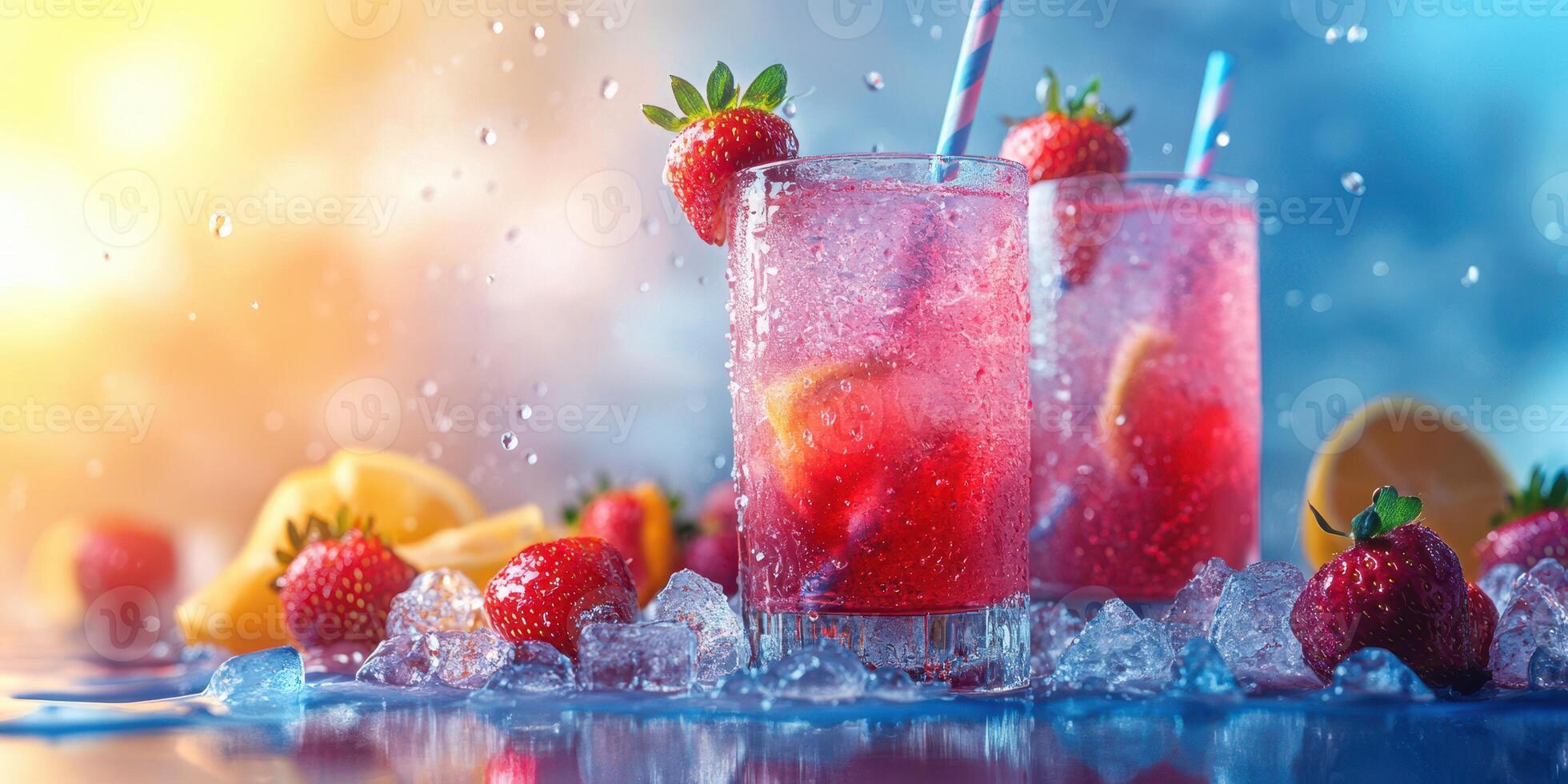 Refreshing strawberry lemonade drinks with ice on a sunny summer day photo