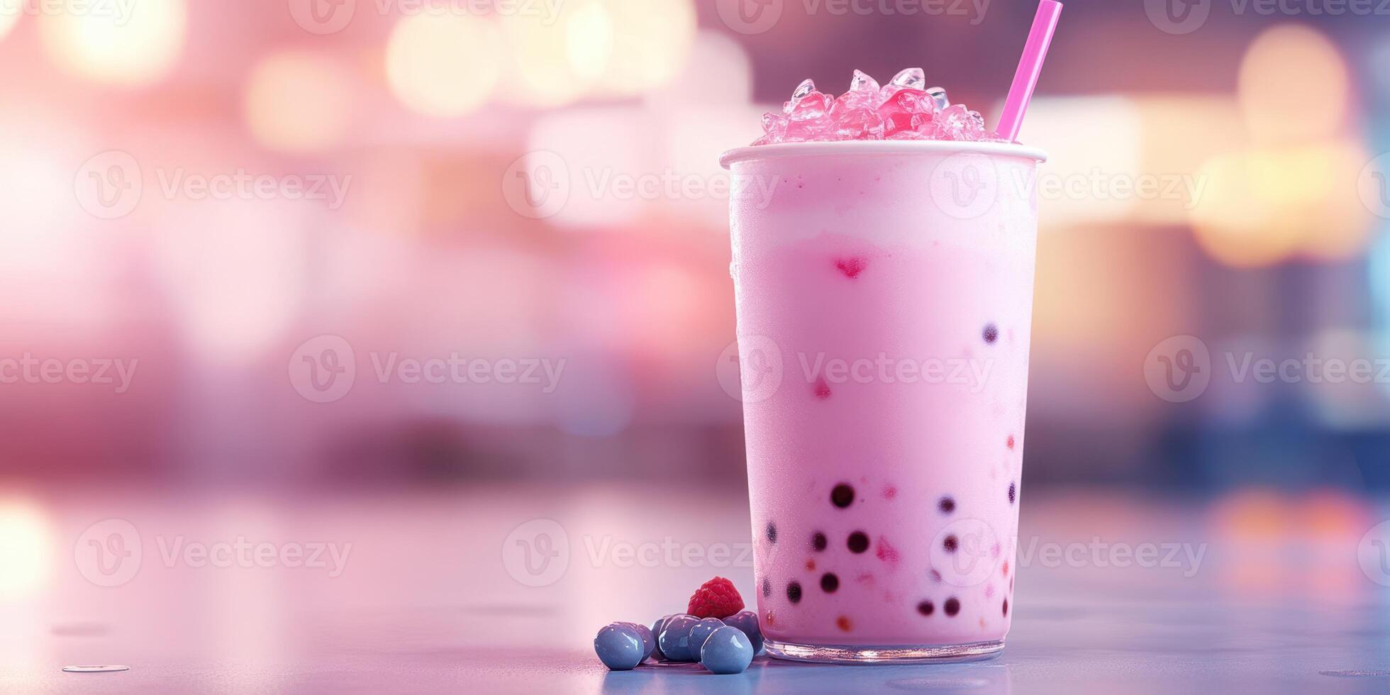 Colorful bubble tea with ice and fruit toppings served in a transparent cup on a vibrant background photo