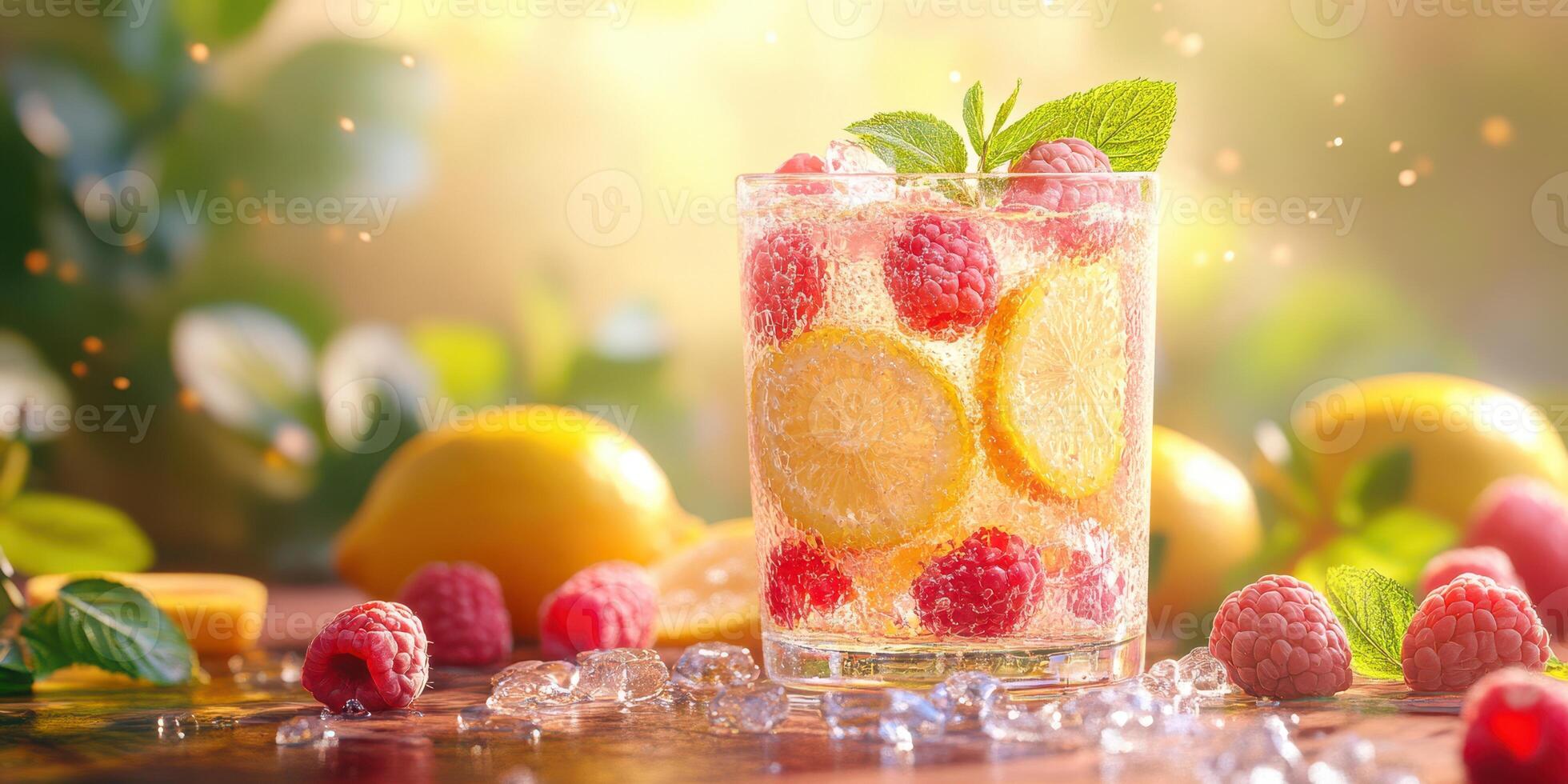 Refreshing raspberry lemonade served in a glass with mint on a sunny afternoon in an outdoor garden setting photo