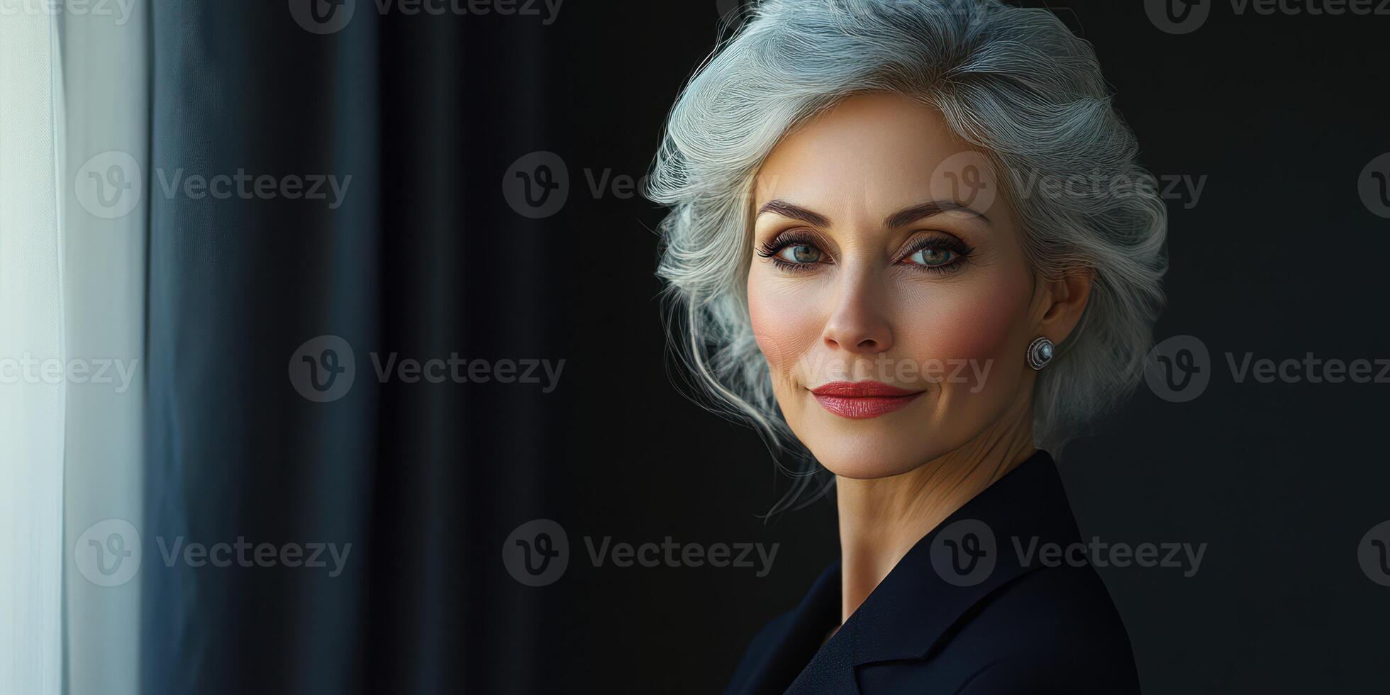 Elegant woman with silver hair gazes thoughtfully out of a window in a modern interior setting during the day photo