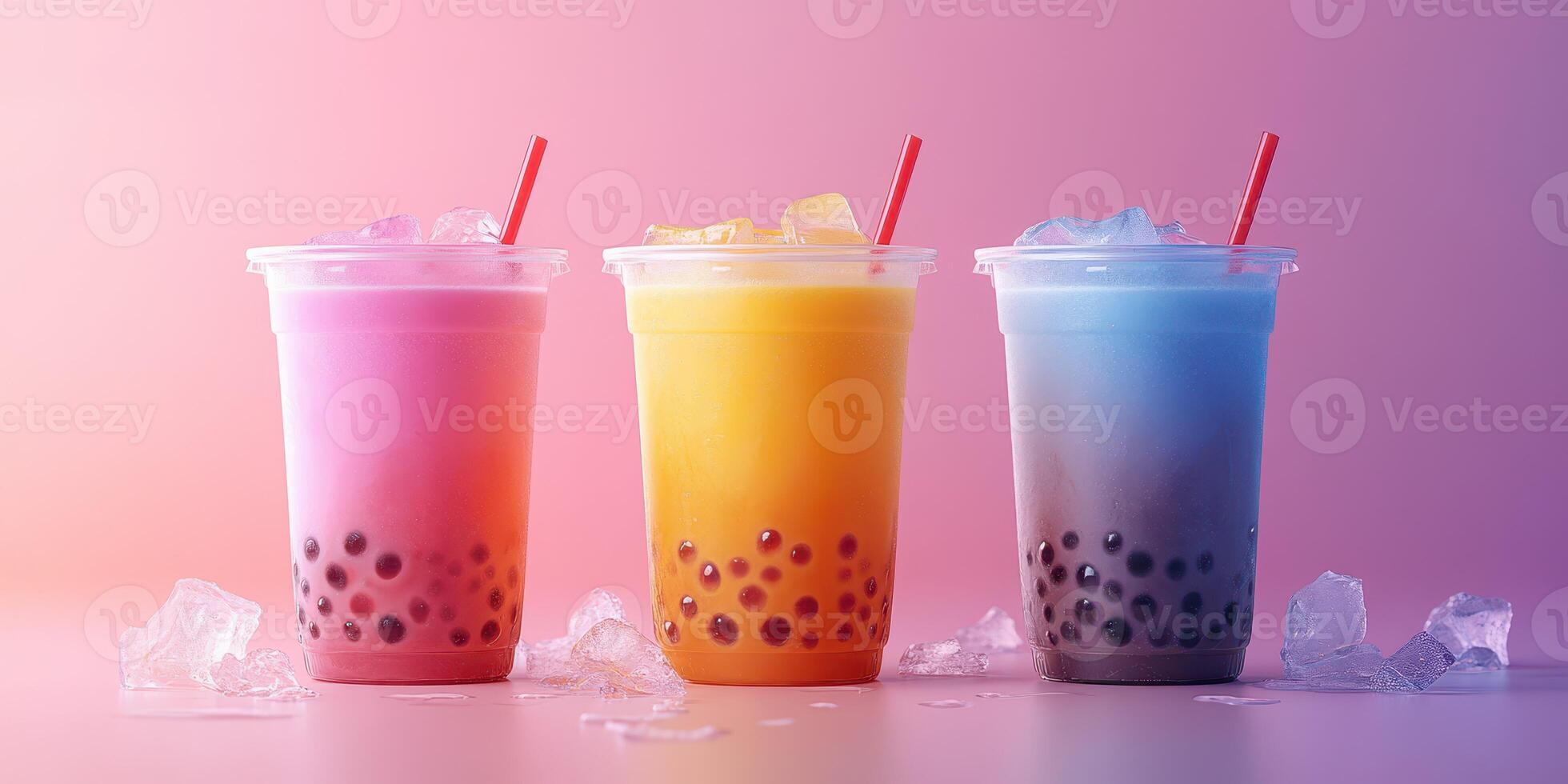 Colorful bubble tea drinks served with ice and straws at a dessert shop during a summer afternoon photo