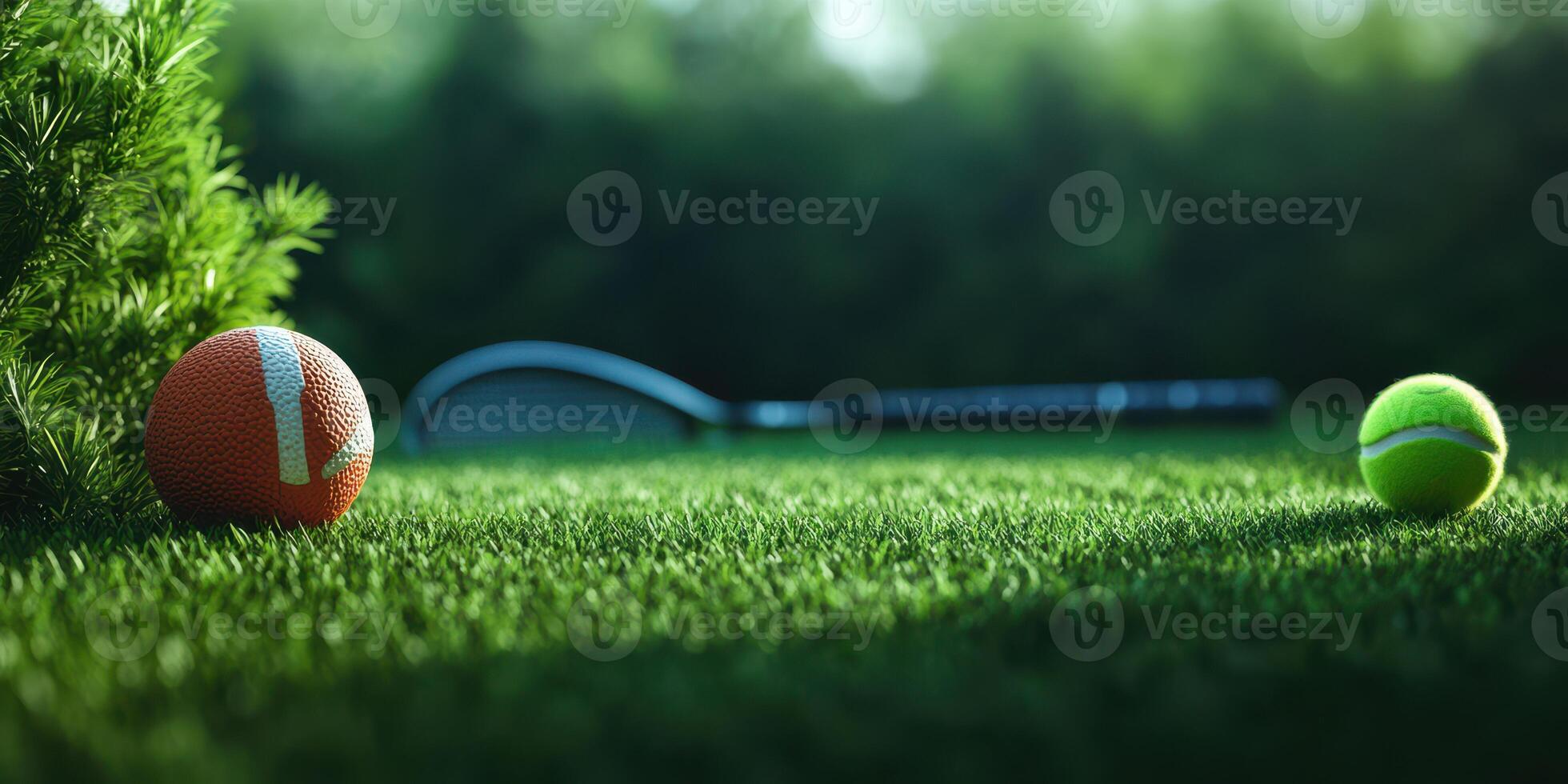 Tennis environment with equipment resting on lush grass during a sunny day photo