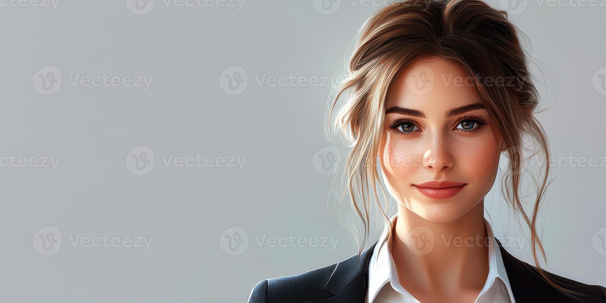 Young professional woman smiles confidently while dressed in a suit, against a neutral background during a business setting photo