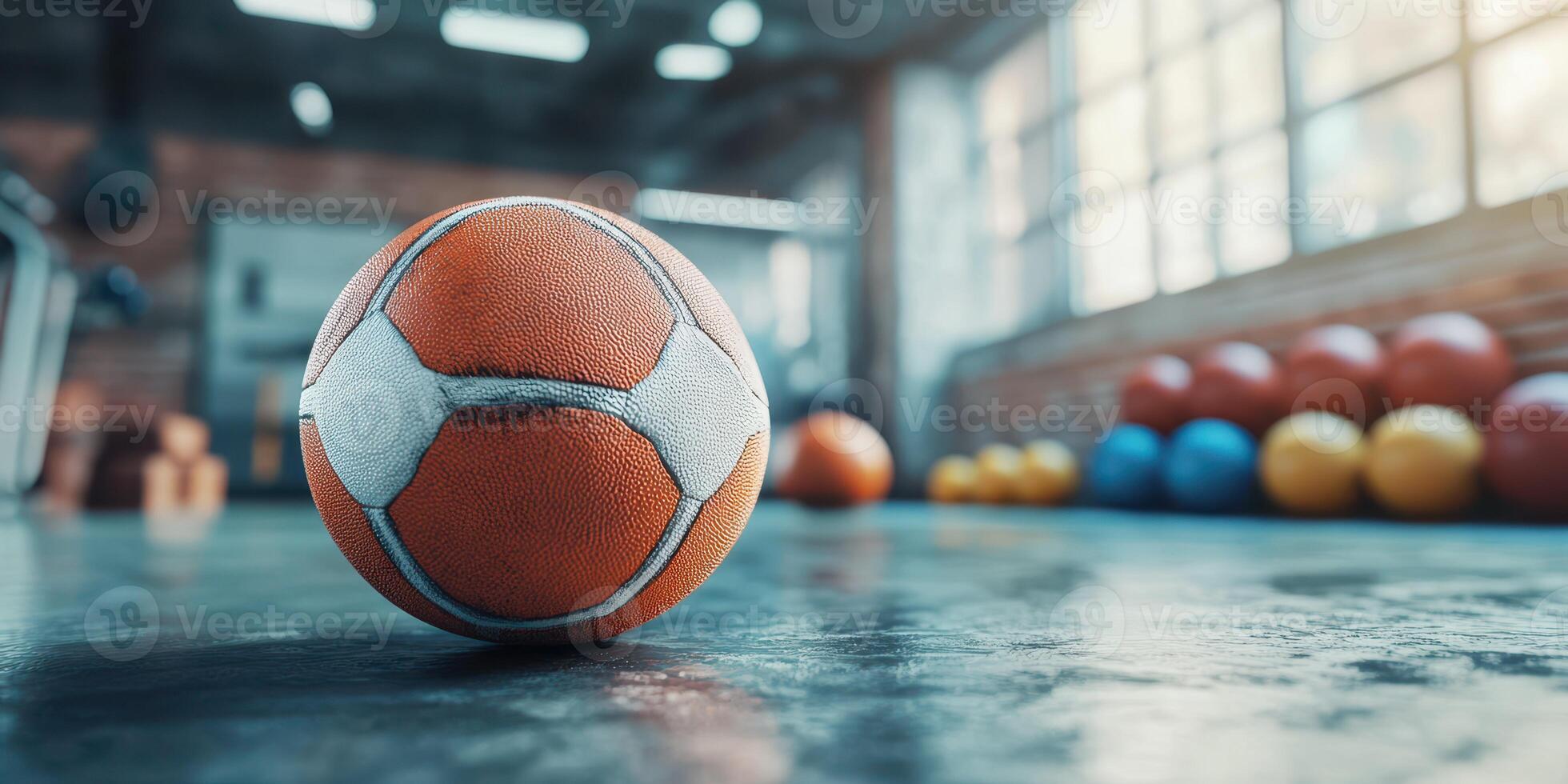 Soccer ball resting on gym floor surrounded by various colored exercise balls during a bright afternoon photo