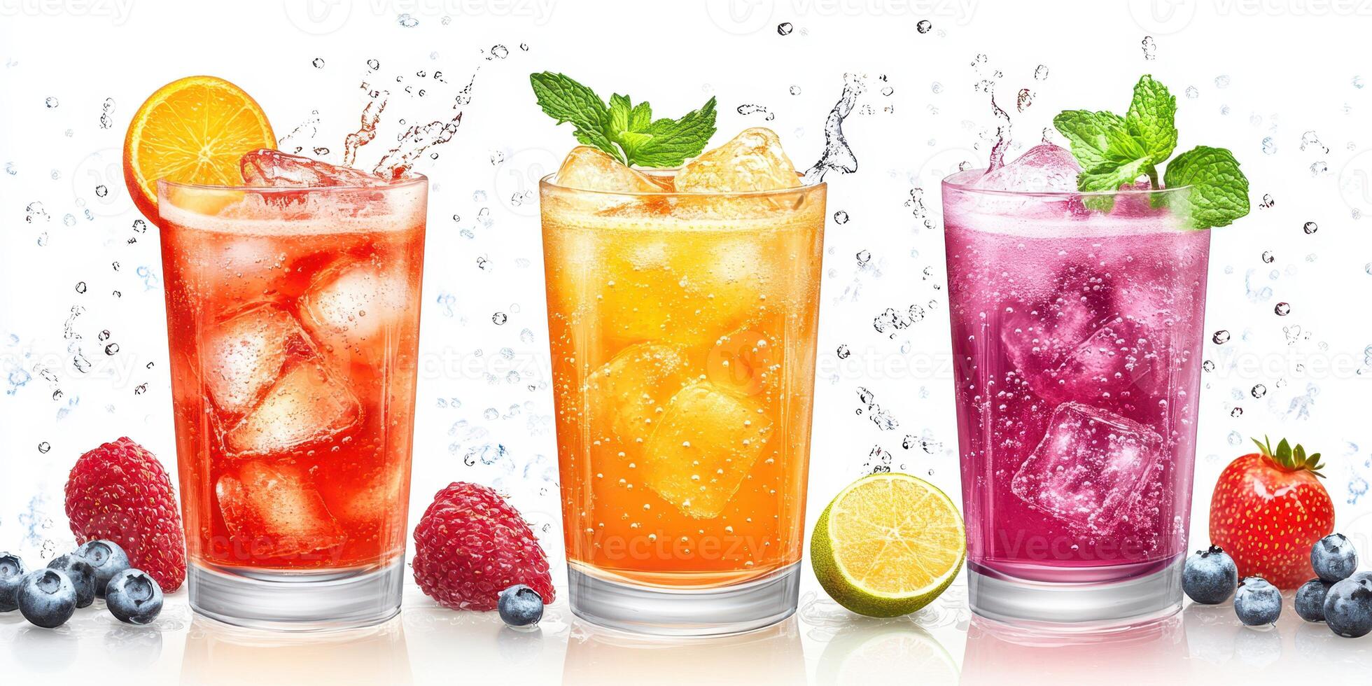 Refreshing summer beverages featuring vibrant fruit flavors and ice, perfect for warm days photo